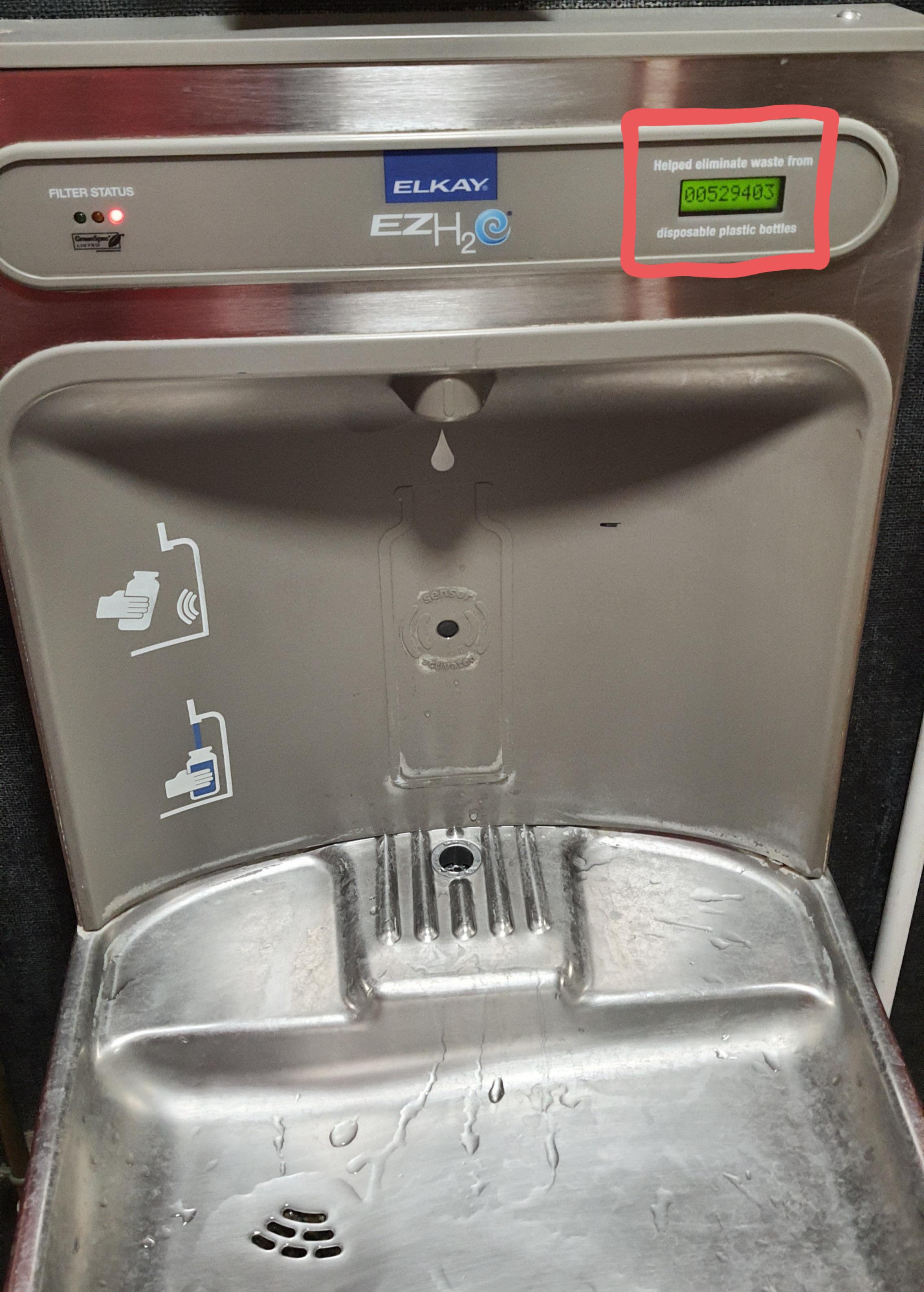 This water fountain shows how many plastic bottles have been saved r