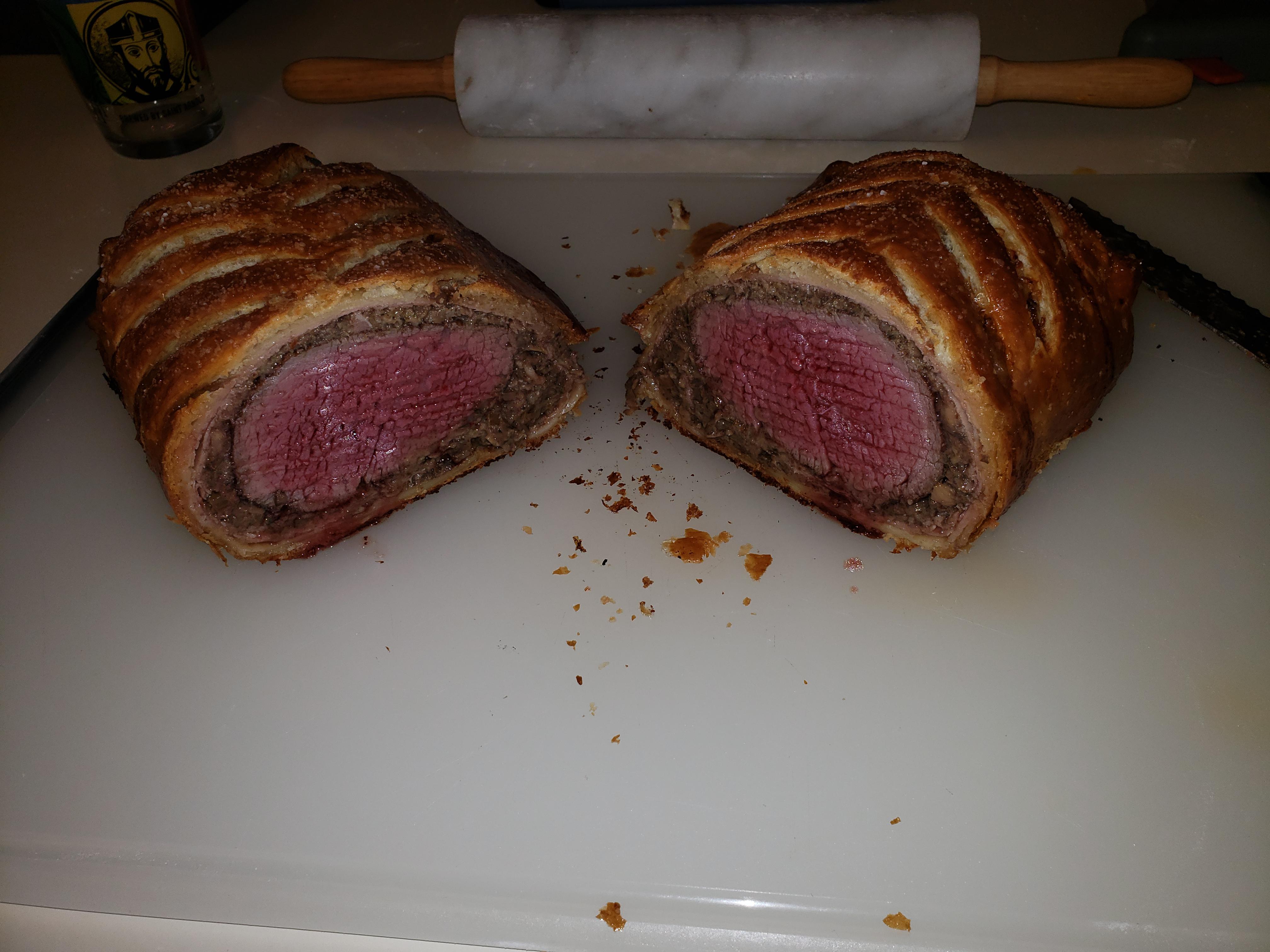 My first attempt at beef wellington. Trimmed it from a whole tenderloin