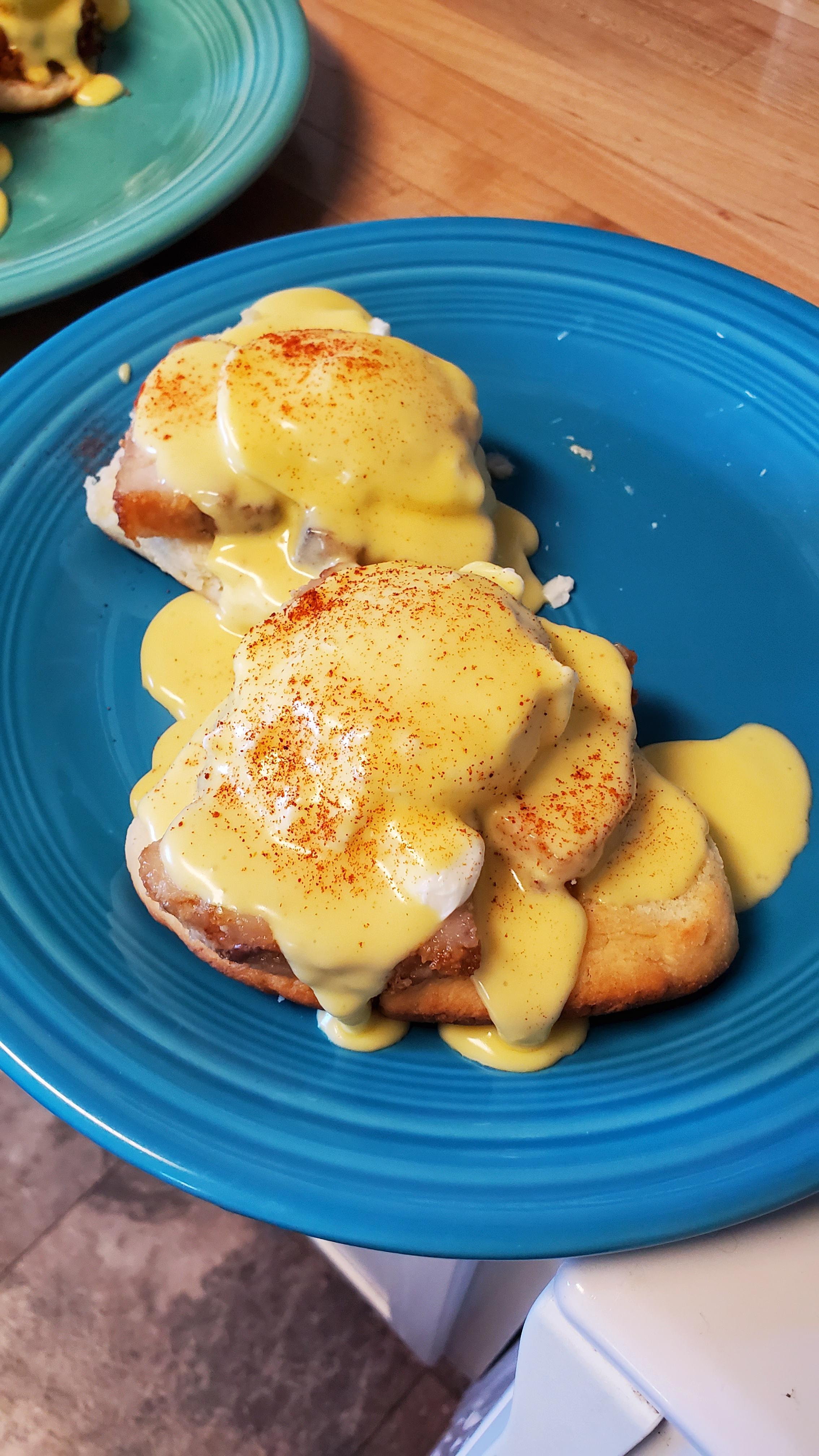 Pork belly Eggs Benedict on homemade cheesy buttermilk biscuits. We were in a mood for