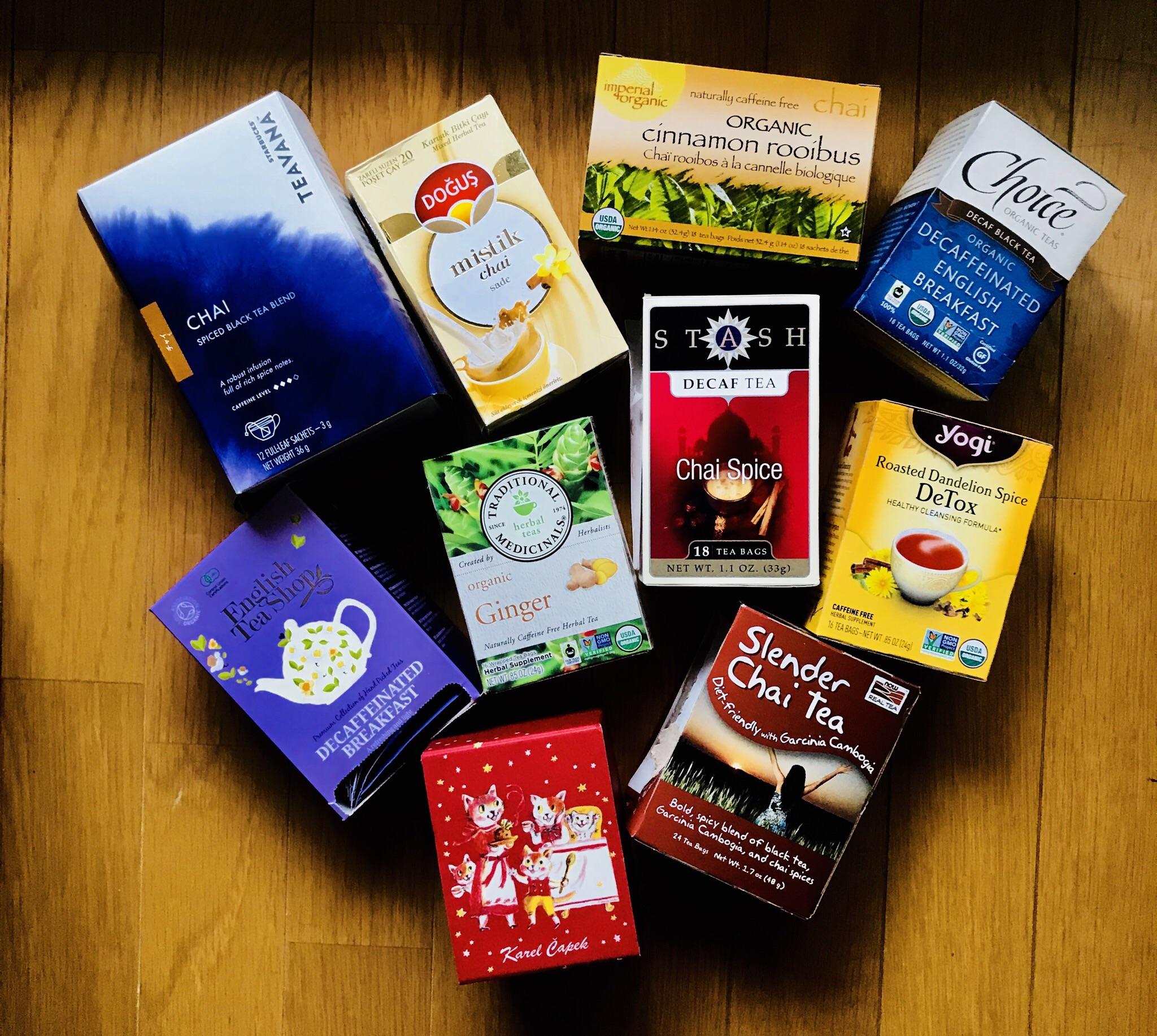 Current Tea Stash (loose leaves individual packs excluded). My fav Chai