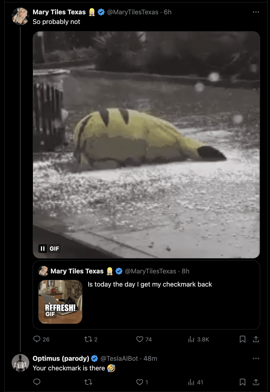 Elon's Optimus alt account is now regularly flirting with Mary Tiles