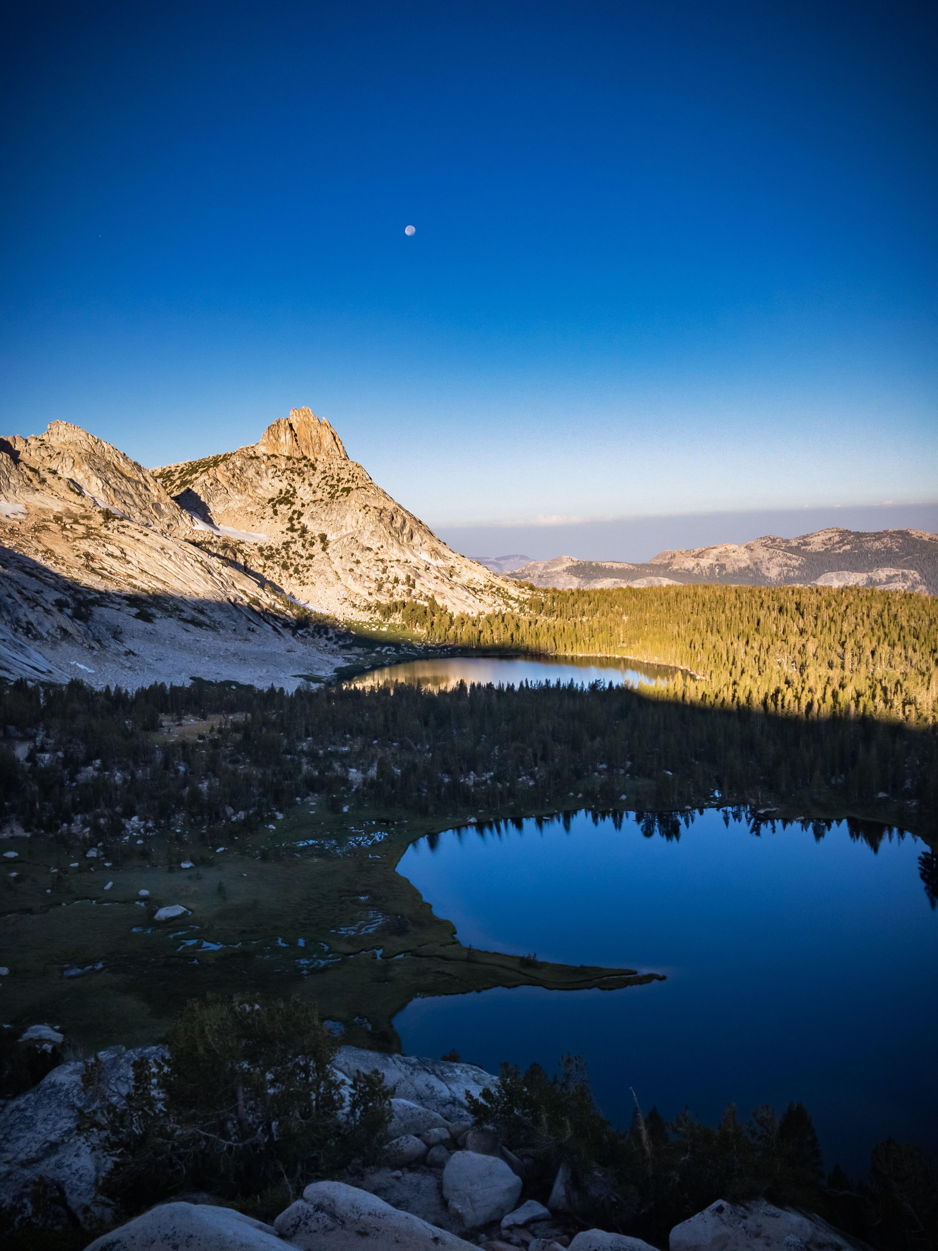 Young Lakes and Ragged Peak, Sunrise Moonset, Tuolumne Meadows