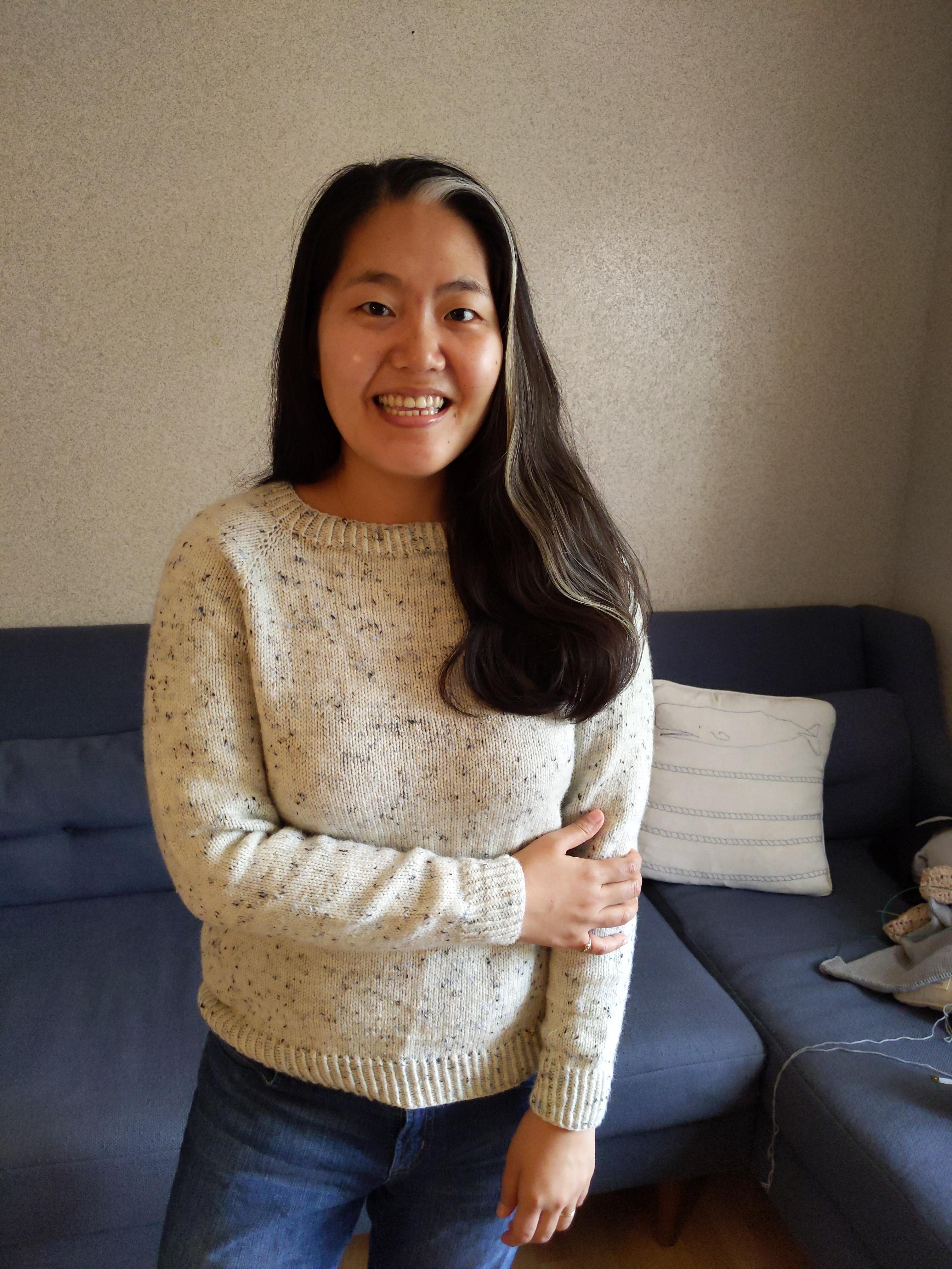 My second finished sweater. Showing off my sweater (and my hair!) r