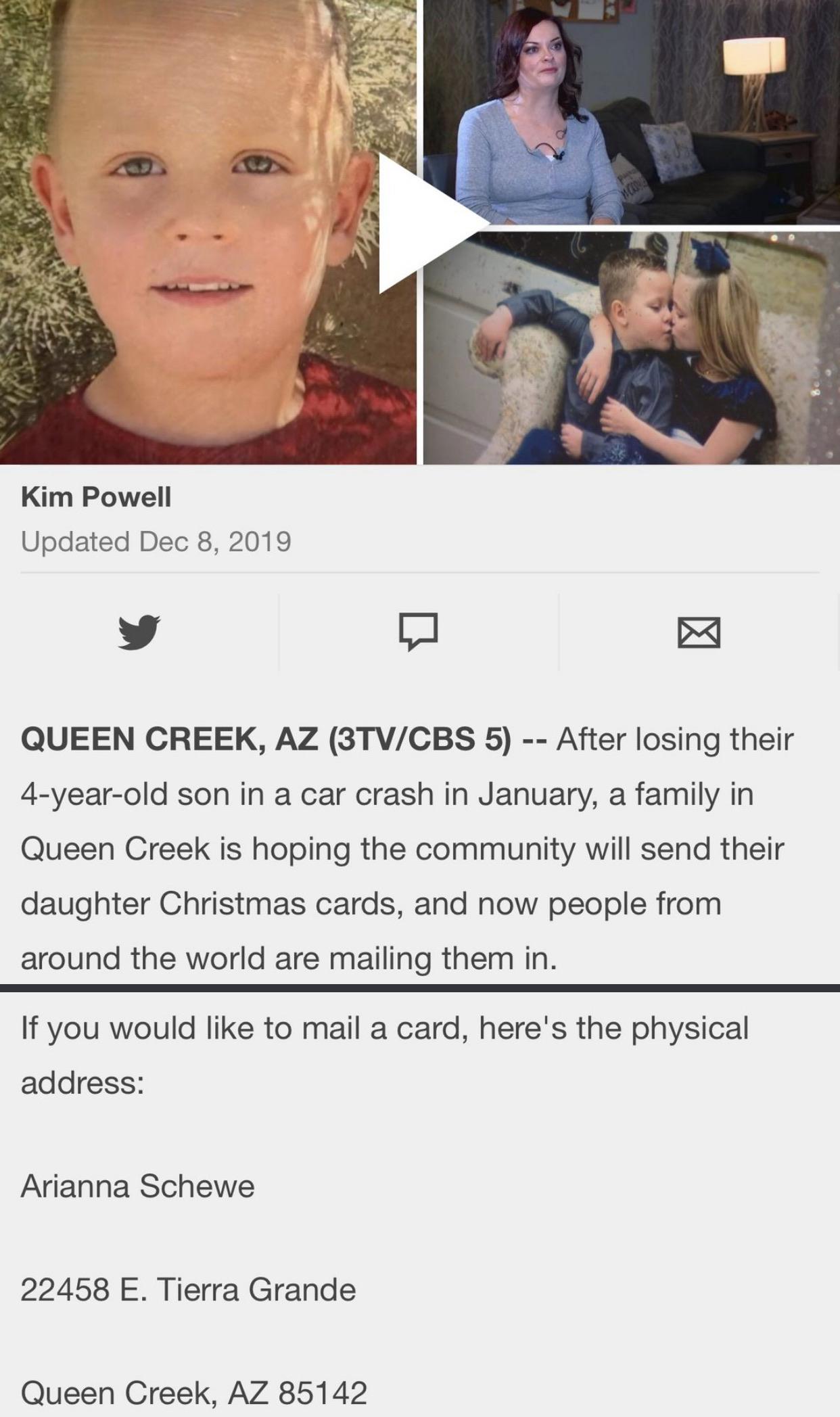 Little Girl Asks For Christmas Cards Little girl mourning loss of her brother asks for Christmas cards