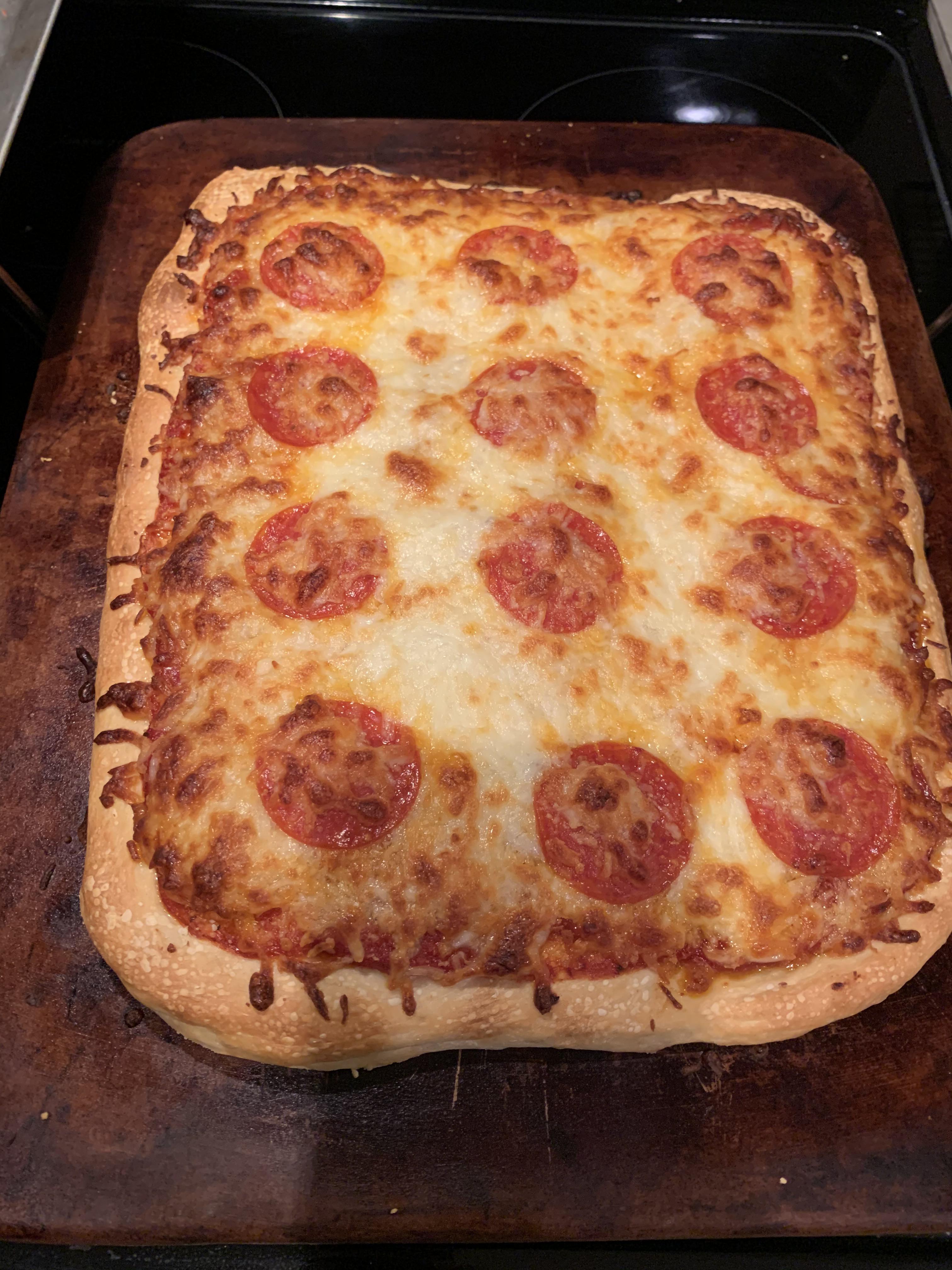 Homemade pepperoni and extra cheese pizza (there’s more pepperoni