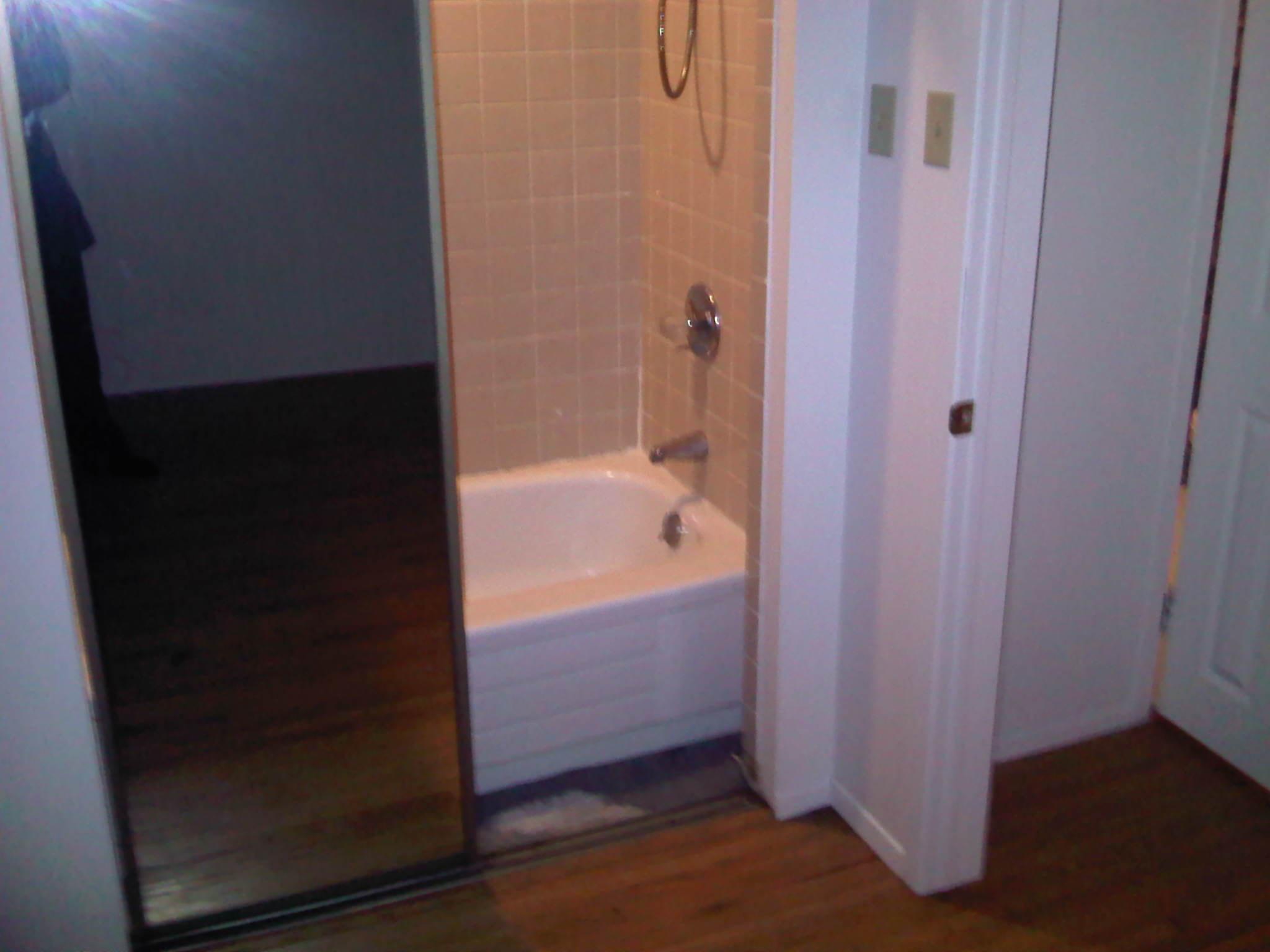 Somebody thought the mirrored closet door rather than a shower curtain
