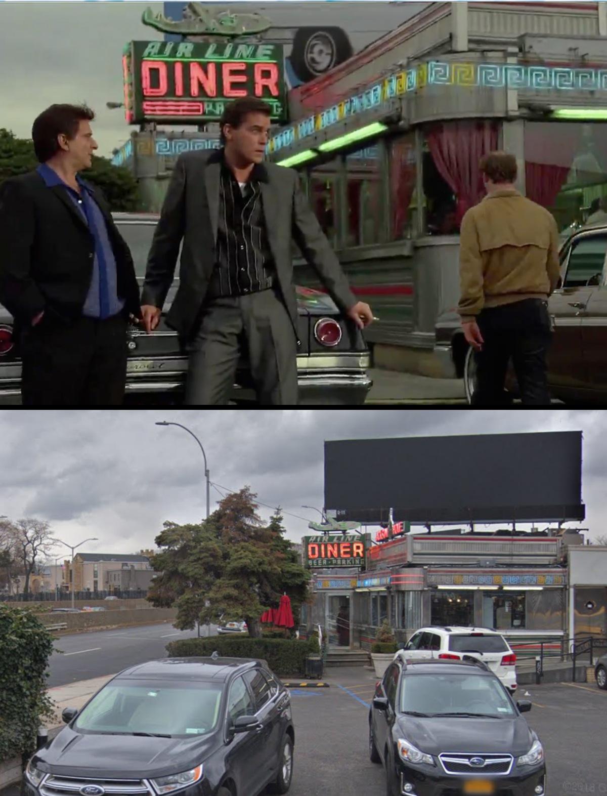Ray Liotta and Joe Pesci outside a Queens, NY diner in the movie