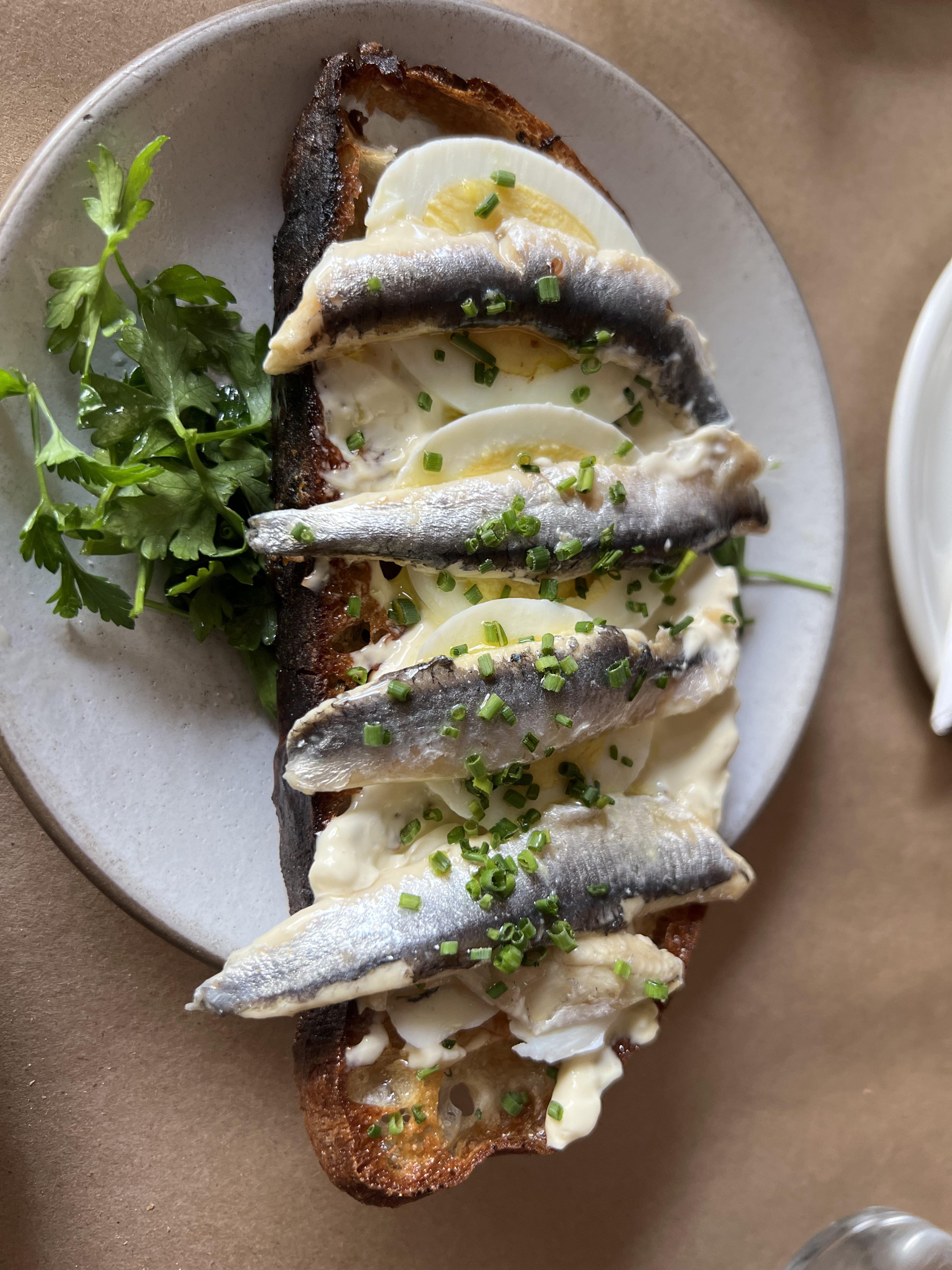 Boquerones Spanish White Anchovies Sliced Egg & Remoulade on Grilled