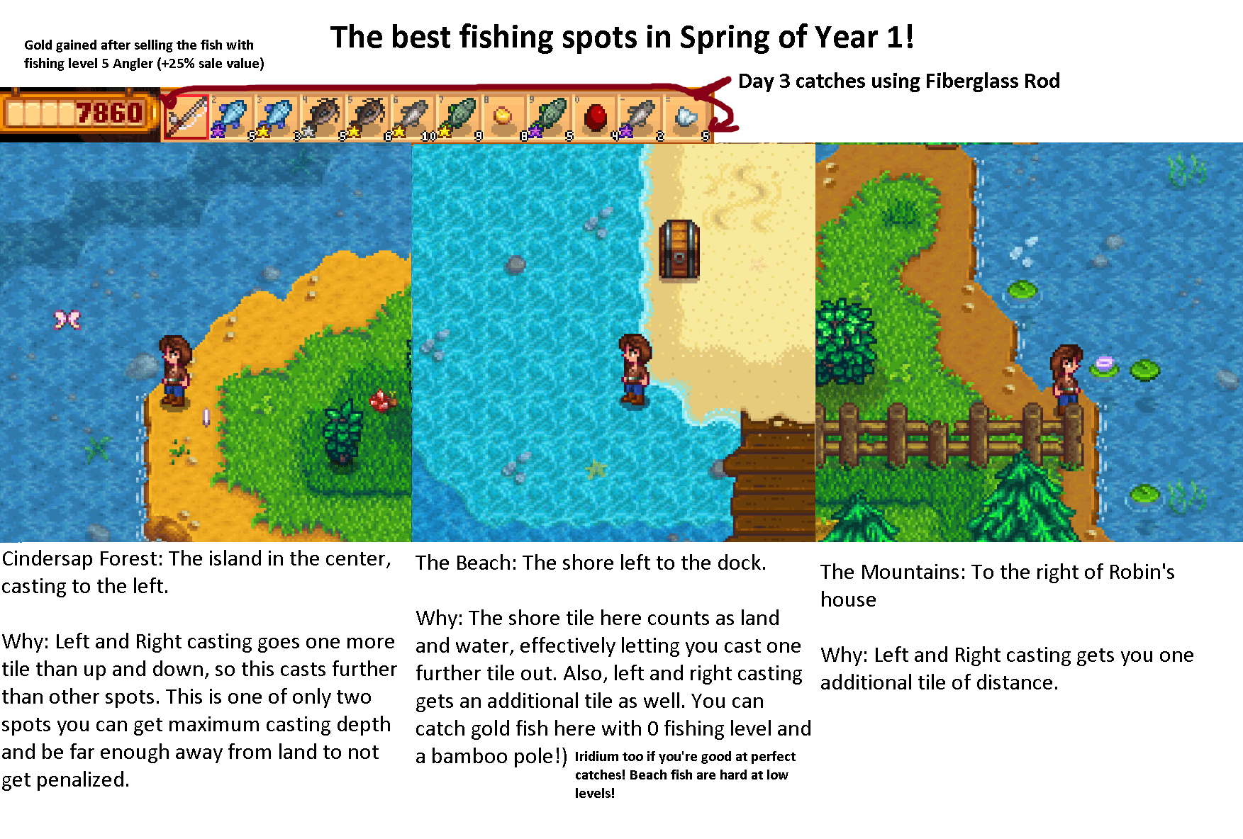 The best fishing spots in Spring Year 1! Made 7500 worth in gold on