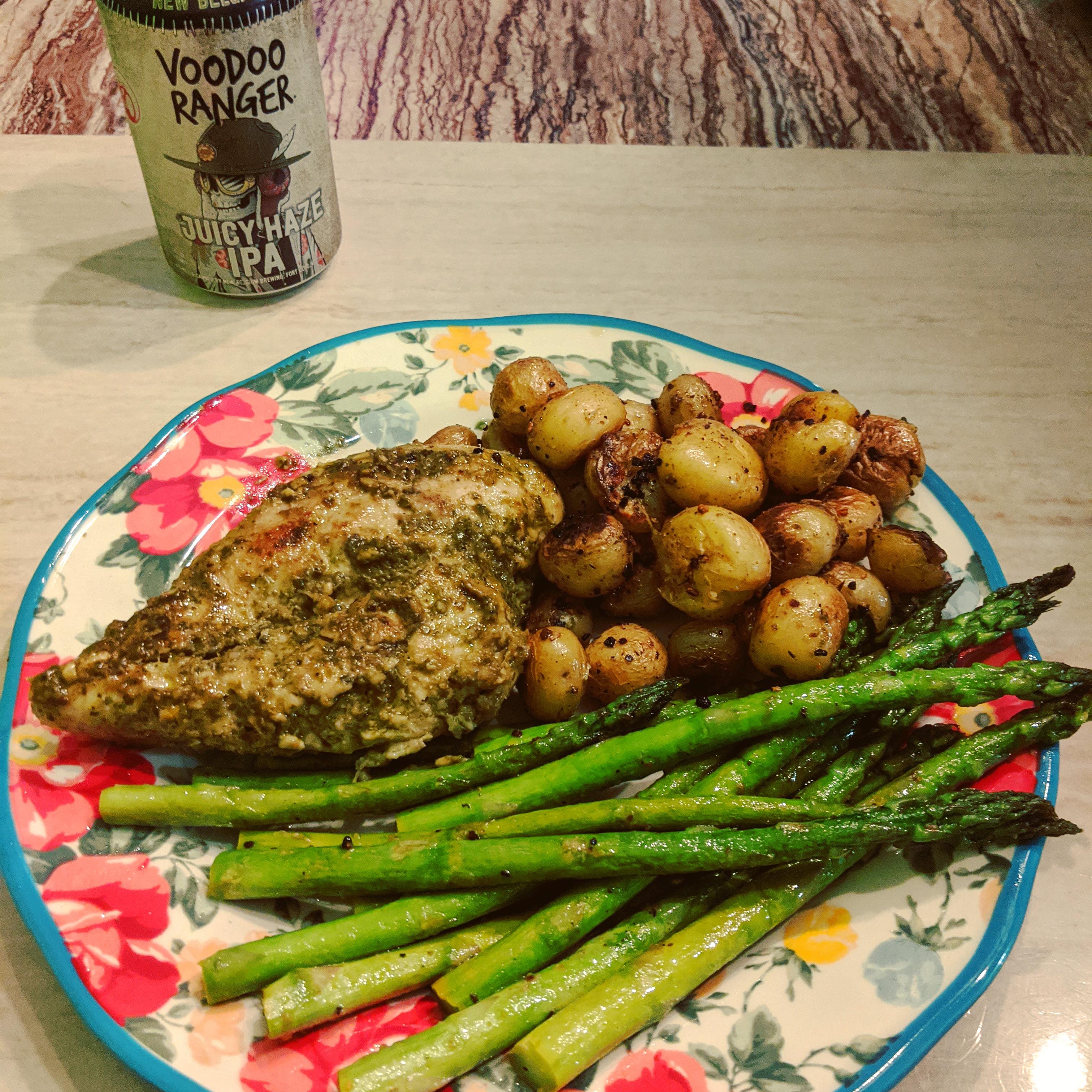 Sous vide pesto chicken, lemony asparagus with fresh homemade butter