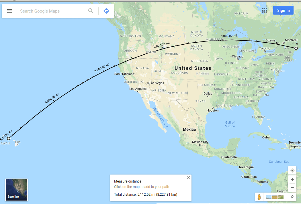 Distance from Augusta, Maine to Honolulu, Hawaii compared to the