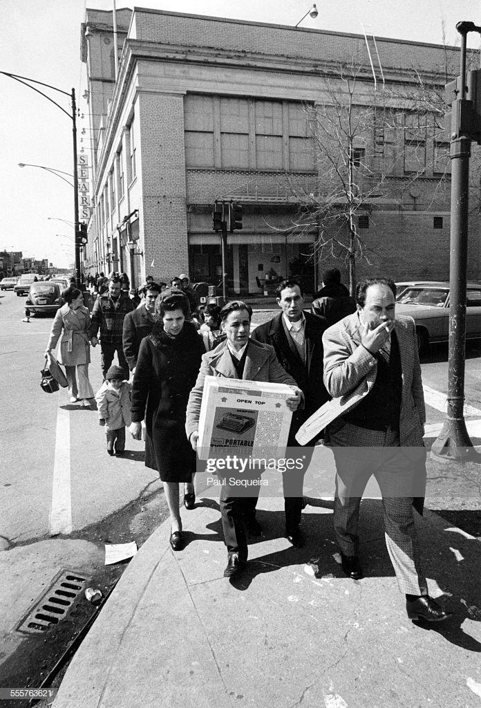 Vintage Chicago View of shoppers carrying their purchases as they walk