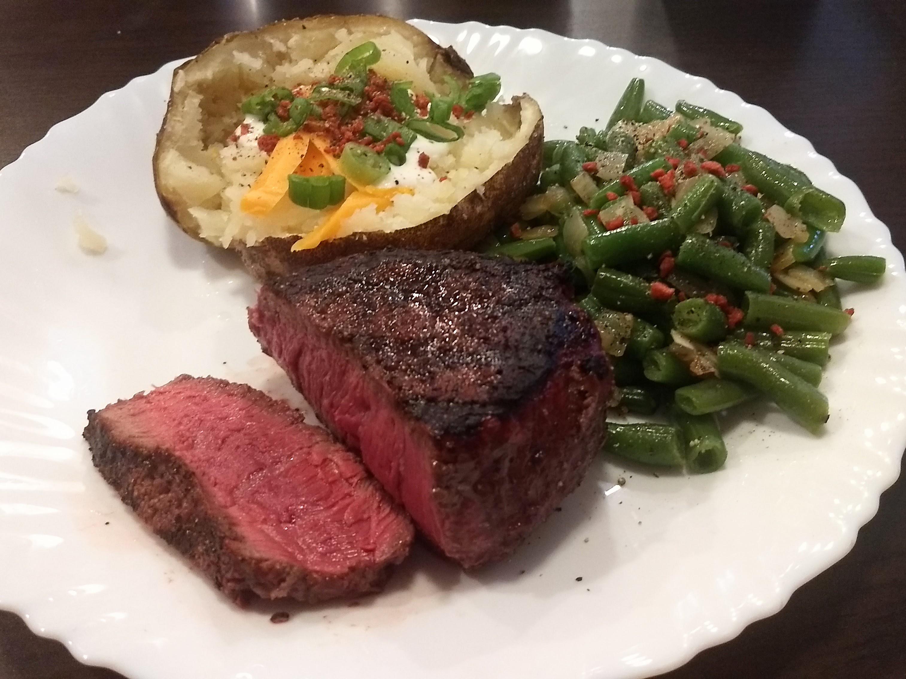 Costco sirloin cap off, loaded jacket potato, green beans with onion
