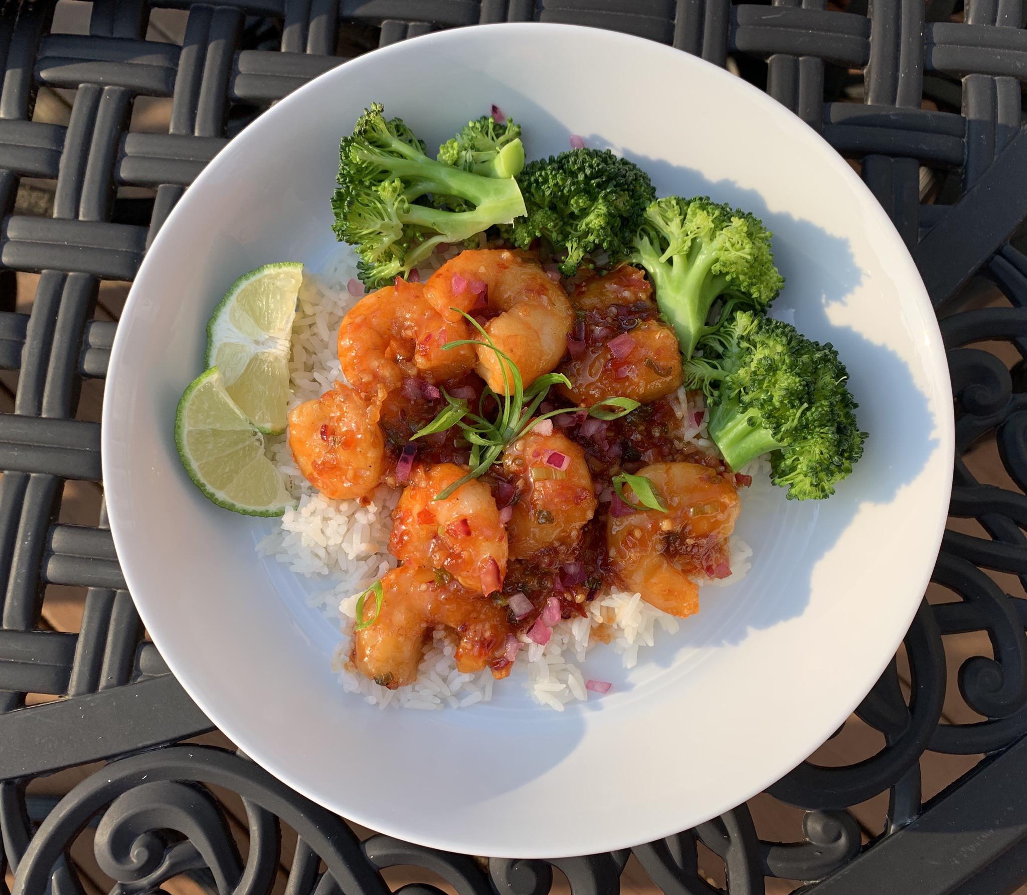 [Homemade] Crispy Sweet Chili Shrimp over rice w/ broccoli r/food