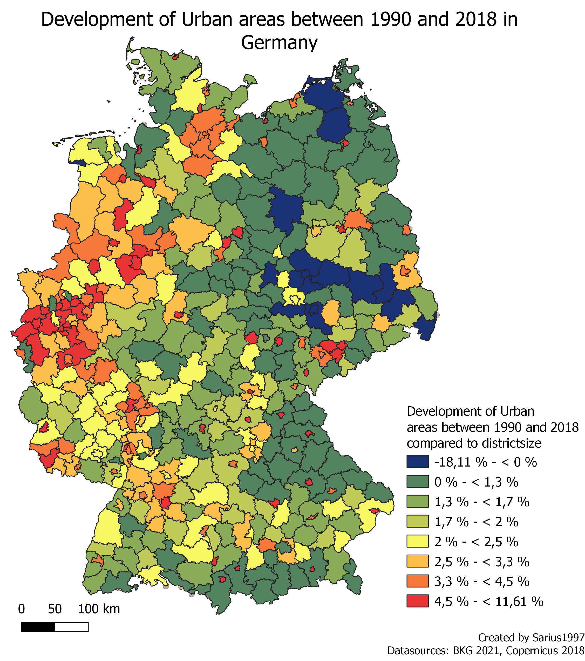 [OC] Development of urban areas in Germany between 1990 and 2018 r
