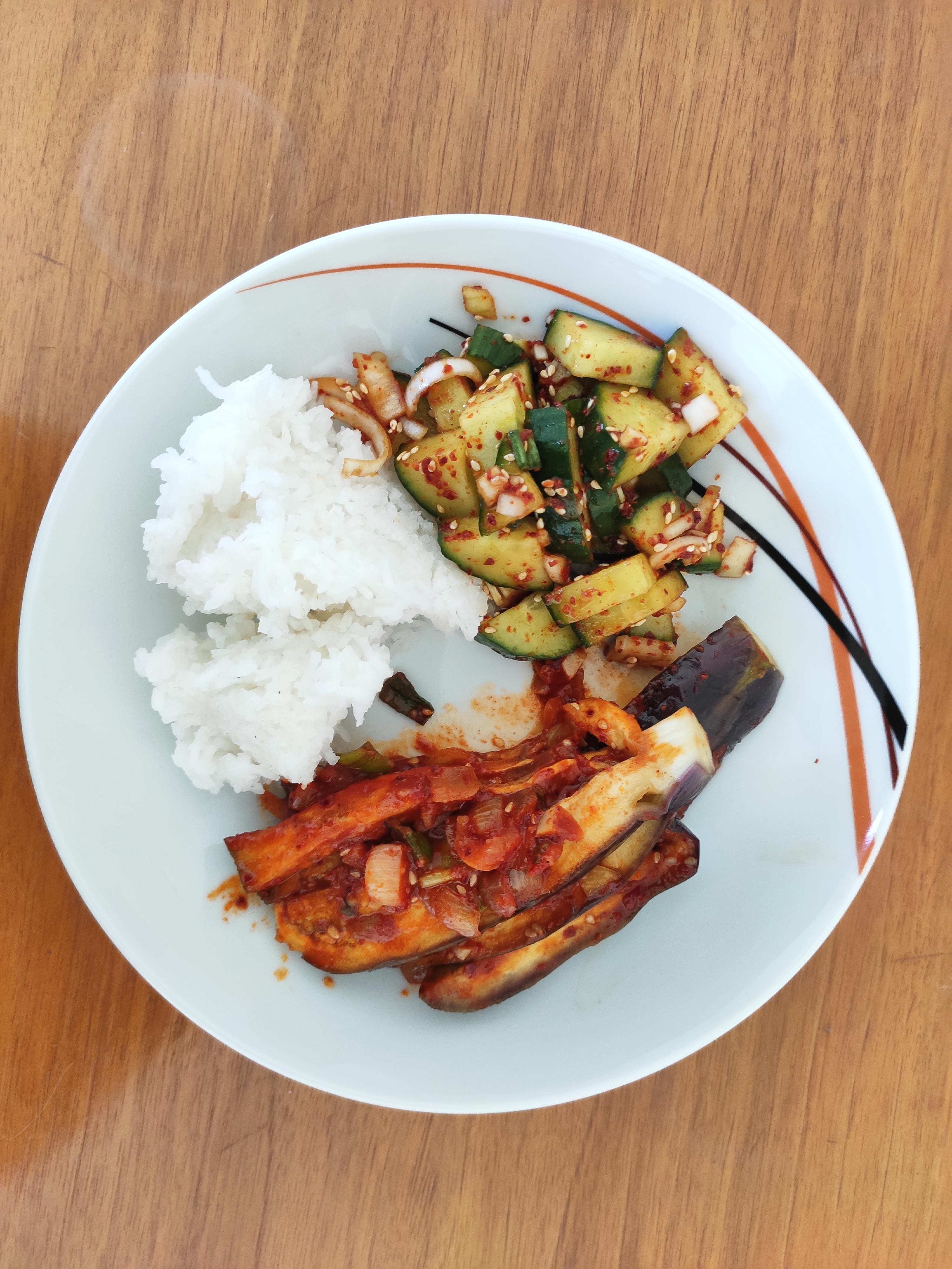 North Korean steamed eggplant and South Korean cucumber salad r