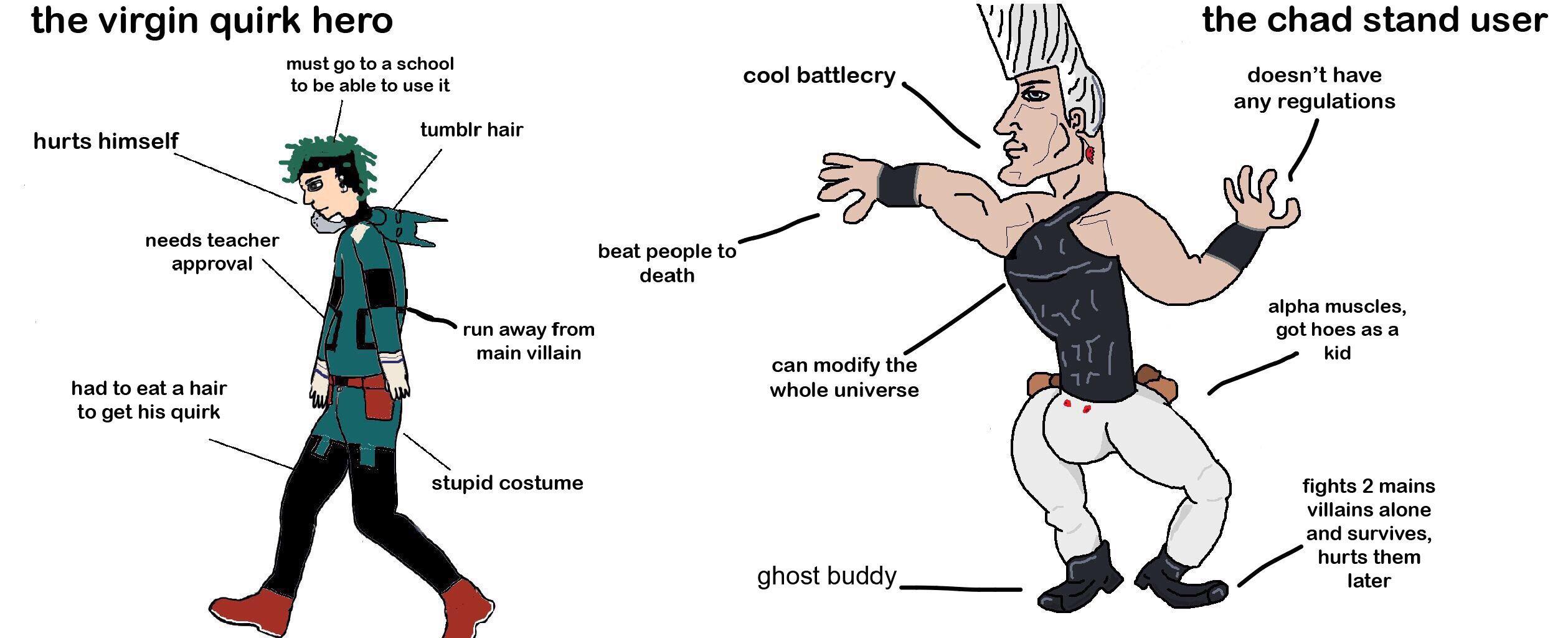 the virgin quirk hero versus the chad stand user r/Animemes