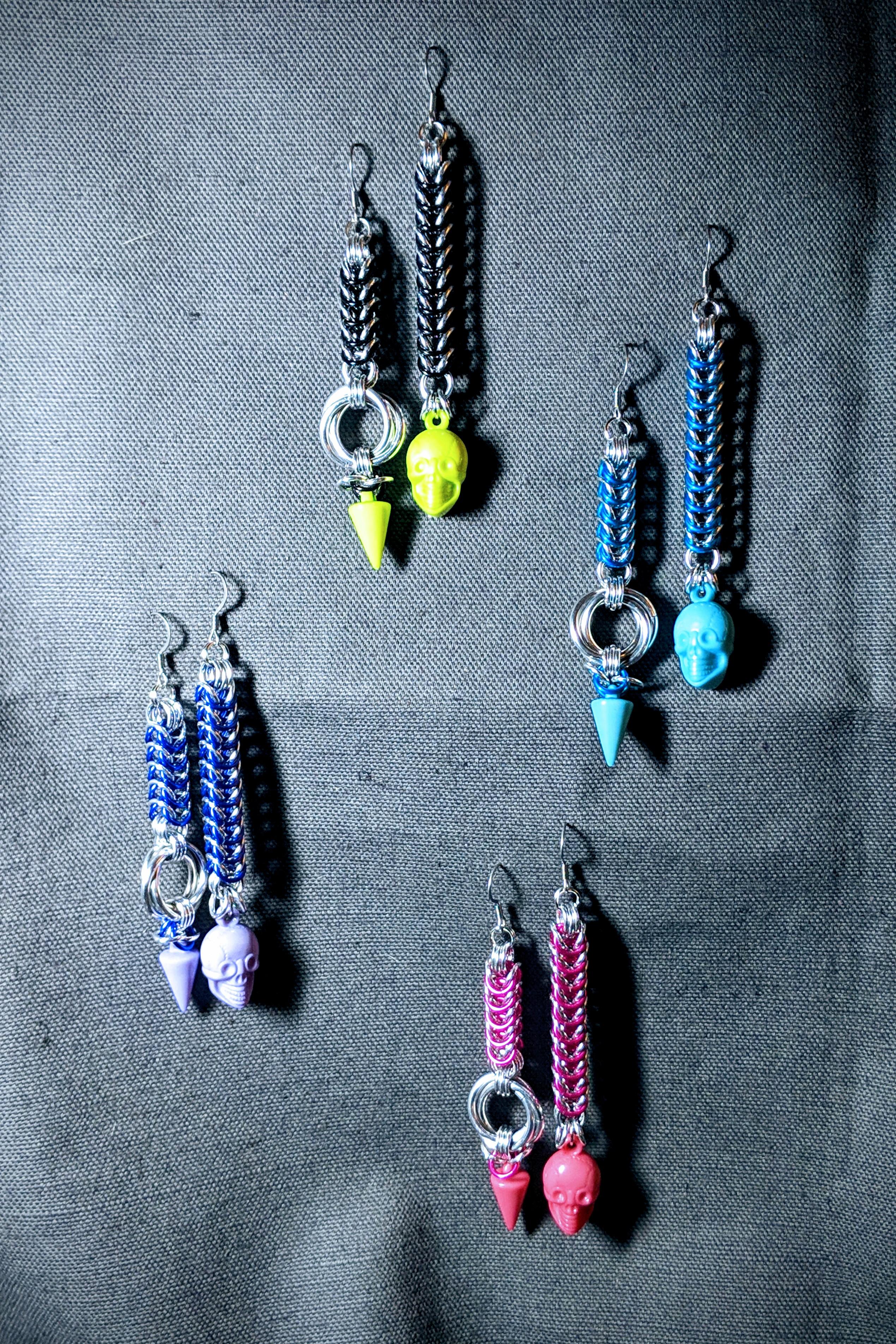Some mismatched punk dangle earrings. Fun 'n' funky! Aluminum w/plastic