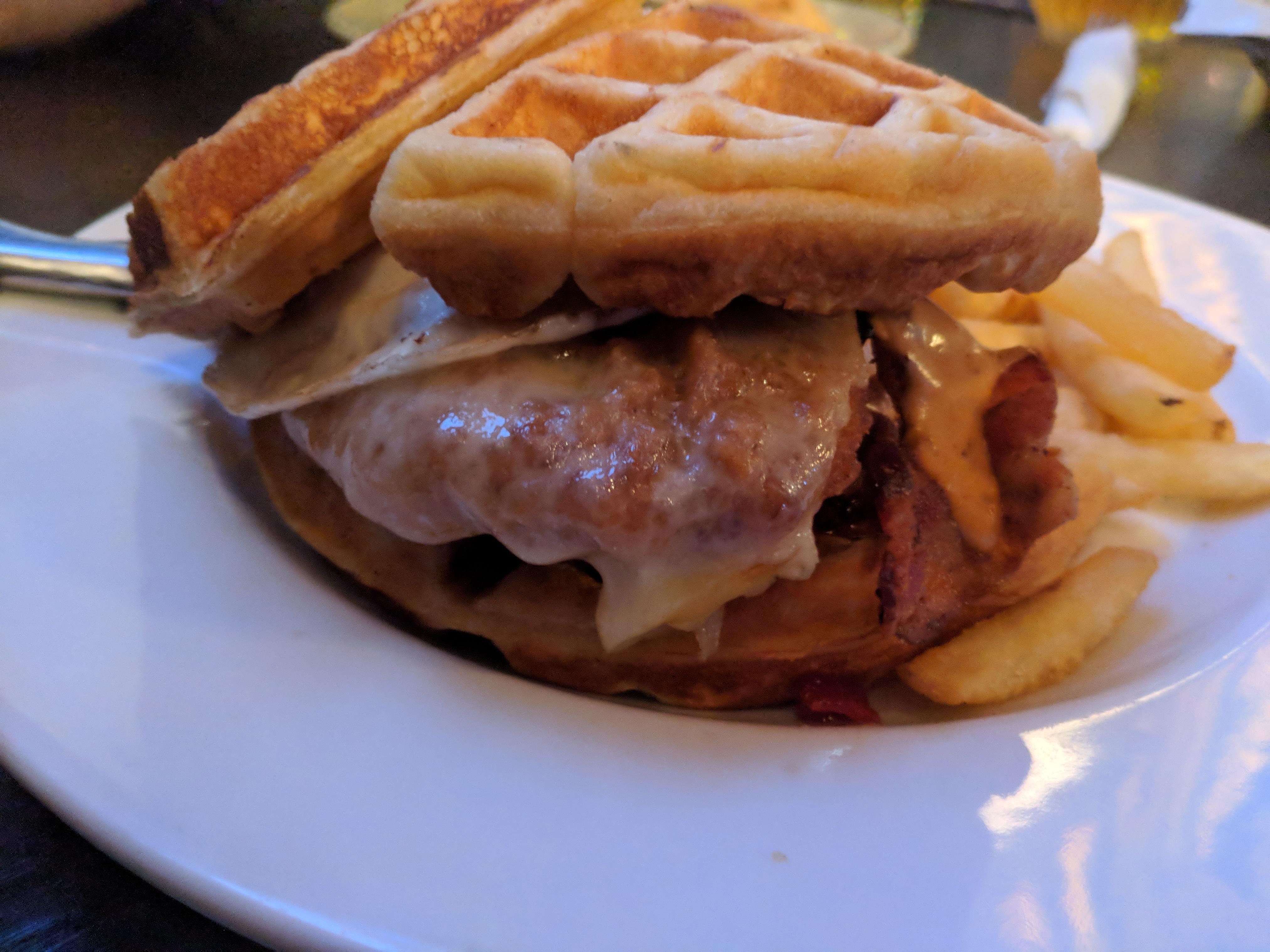 Chicken and Waffles Sandwich with Cheese, Maple Bacon Jam, Chipotle