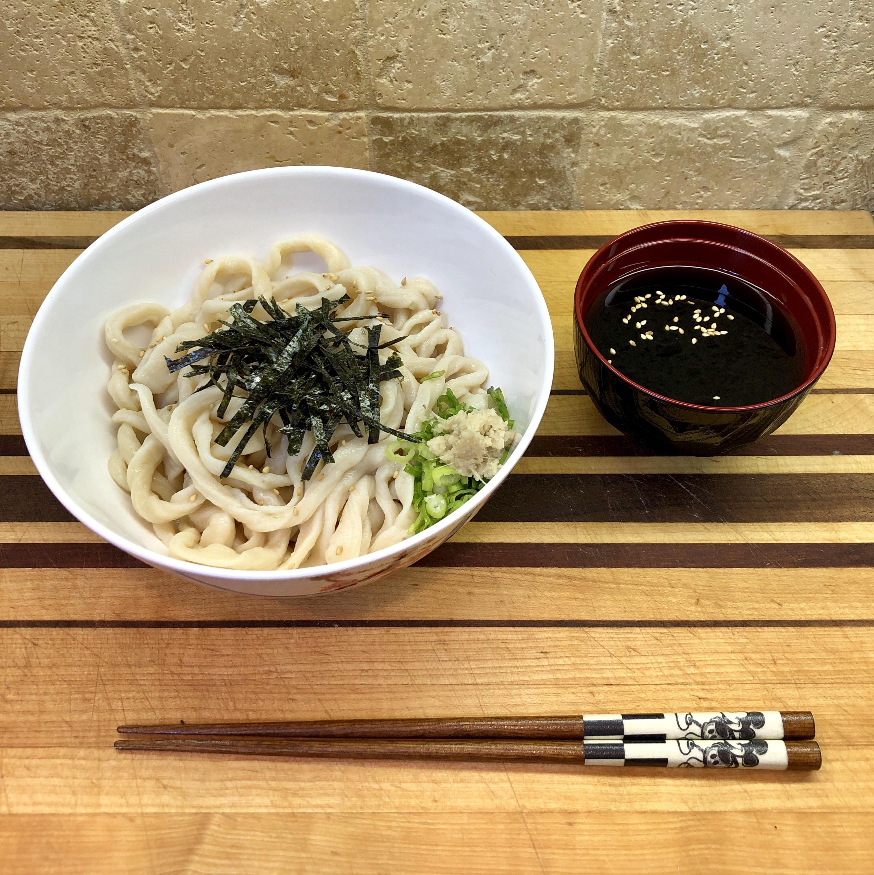 Homemade Zaru (chilled) Udon. The dashi used in the dipping sauce is