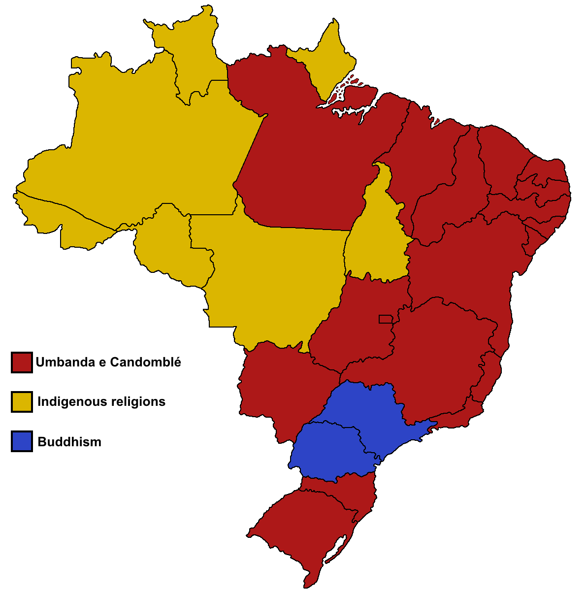 Largest nonChristian religion in every Brazilian state [OC] [1190x1206