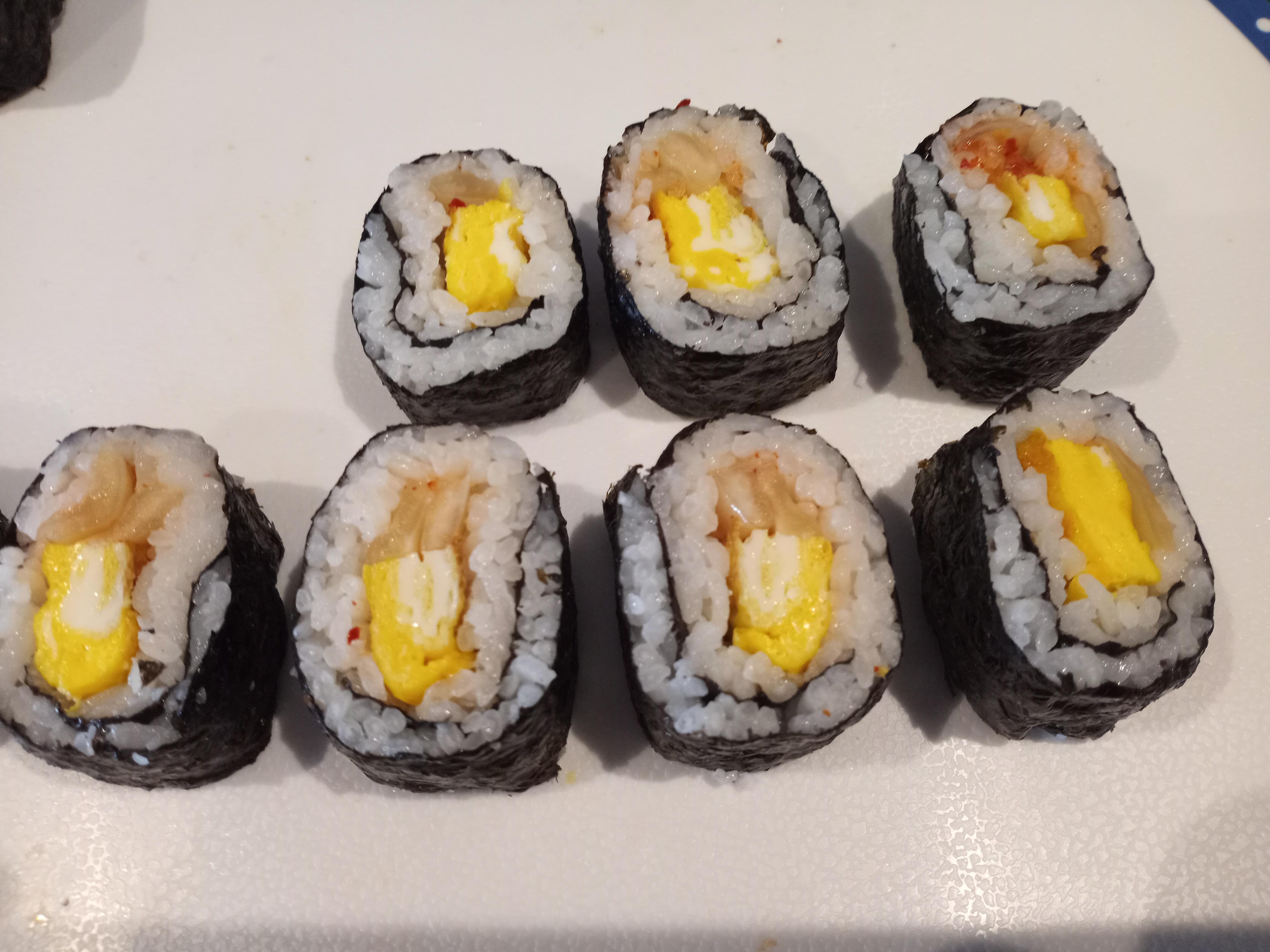 First roll Egg, Kimchi and Enoki r/sushi