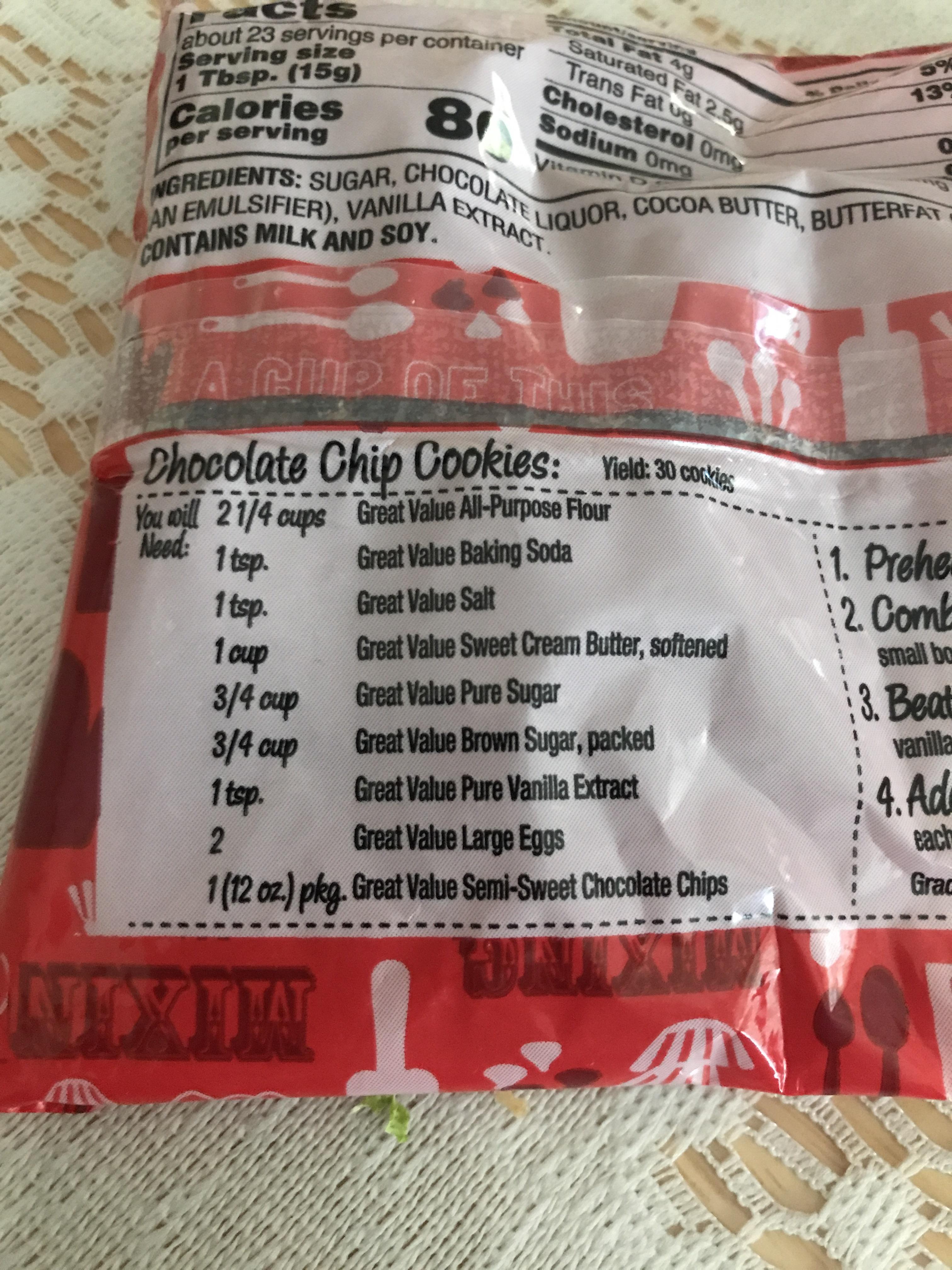 The recipe on the back of Great Value chocolate chips calls for all