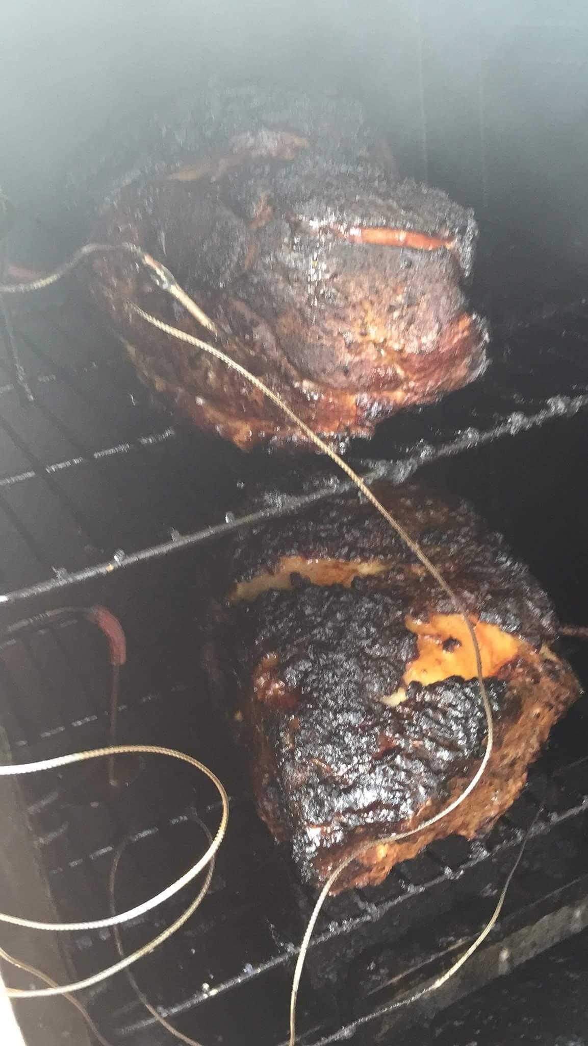 Dry Rub BoneIn Pork Shoulders during a 13 hour cook. r/BBQ