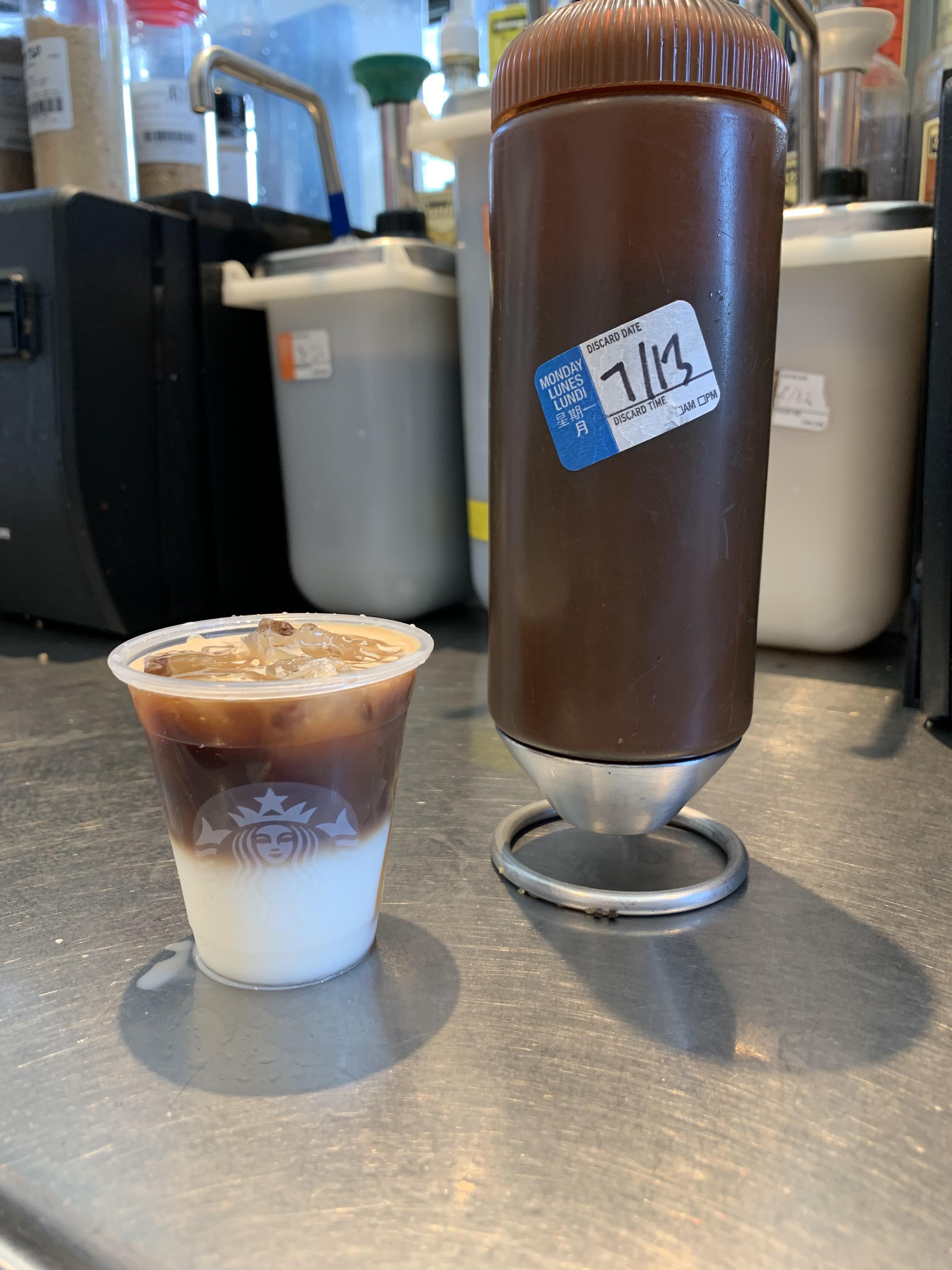 Behold the tiniest iced caramel macchiato of them all! (Caramel bottle