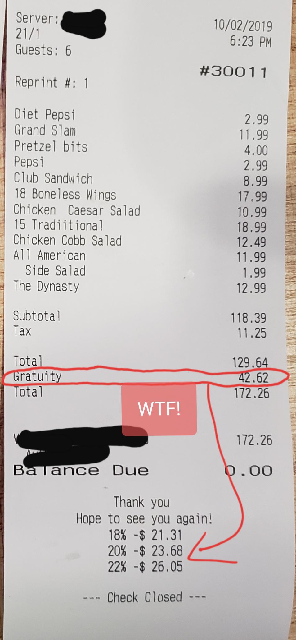 Restaurant tried to double charge us the autocalculated 18 gratuity