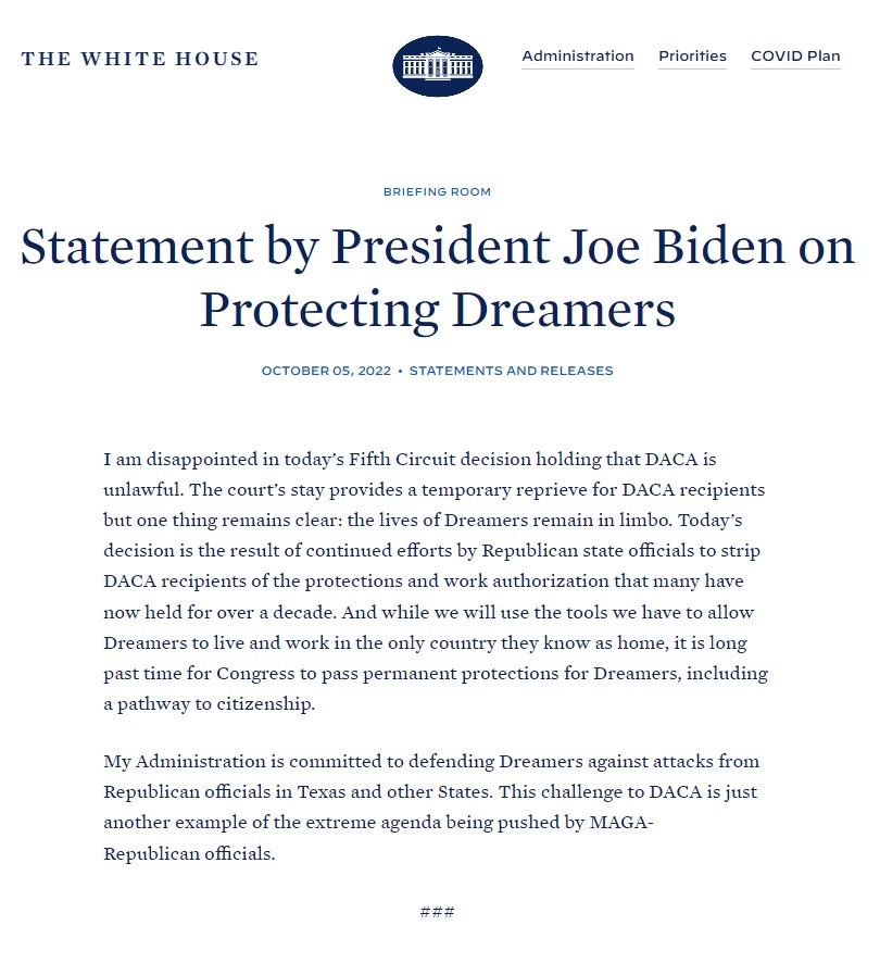 Statement By President Joe Biden On Protecting Dreamers I The White