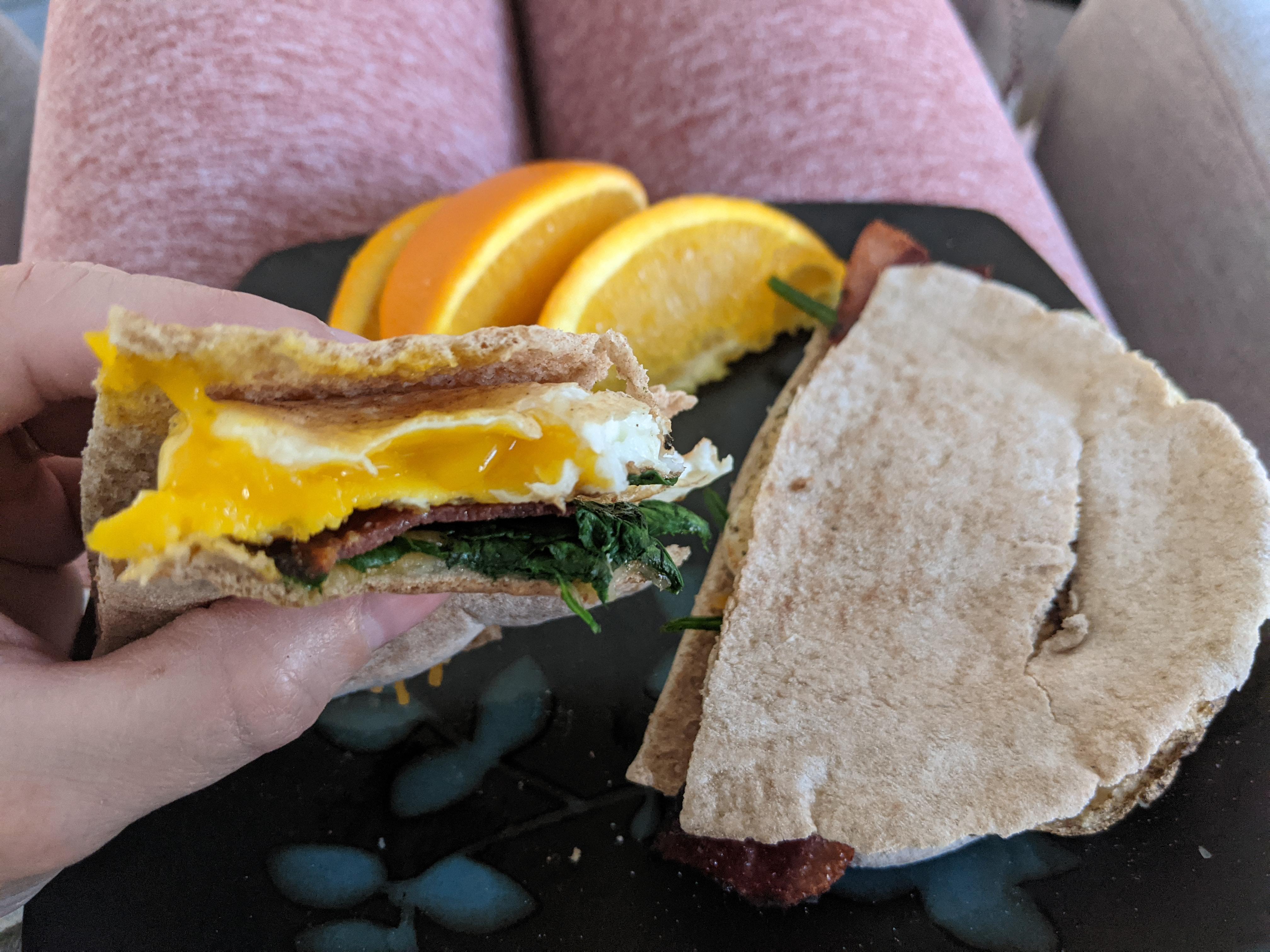 Bacon, egg & cheese w/ spinach pita r/1200isfineIGUESSugh
