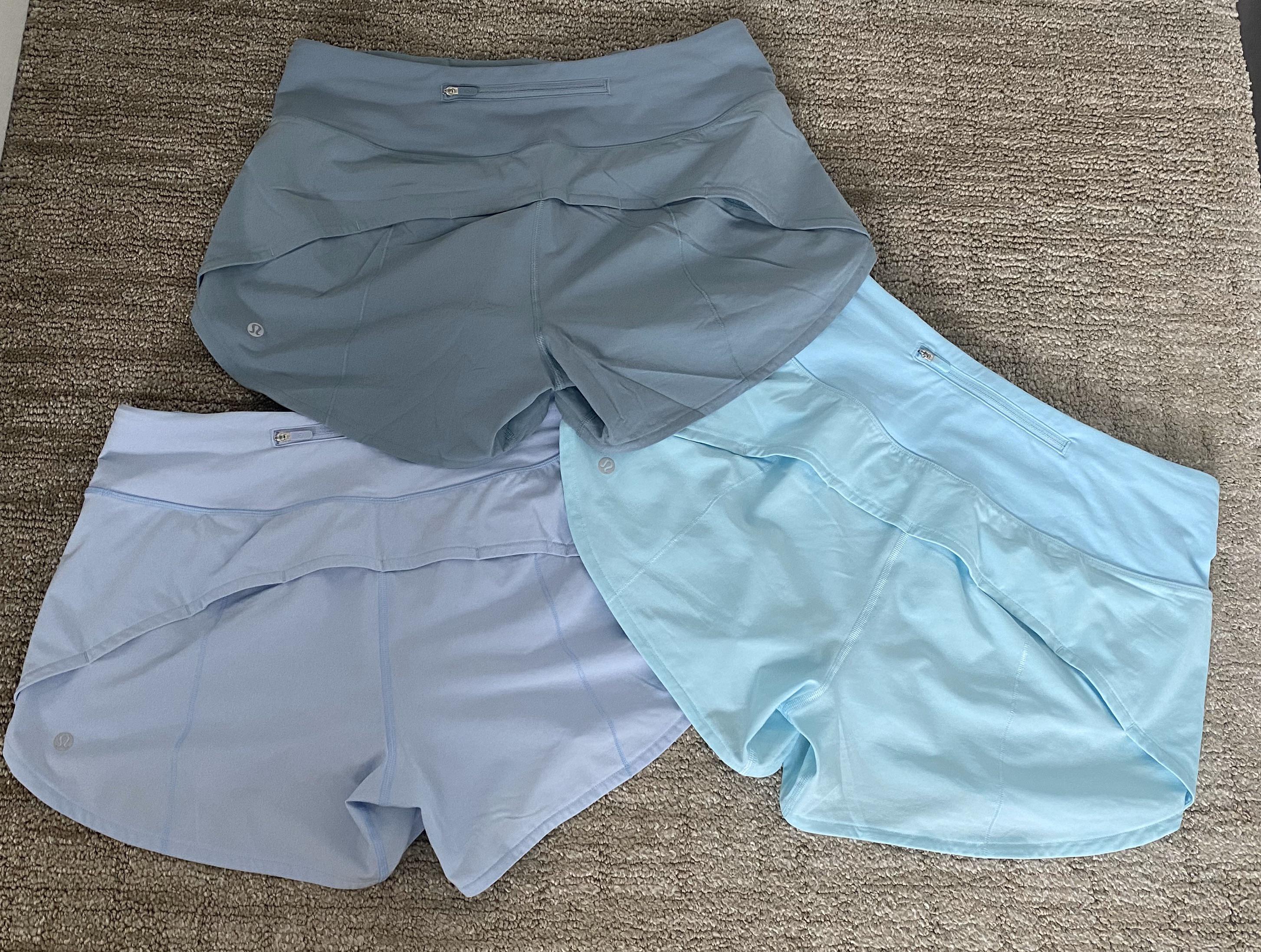 Comparison of Speed up 4” shorts in blue glow, daydream, and blue cast