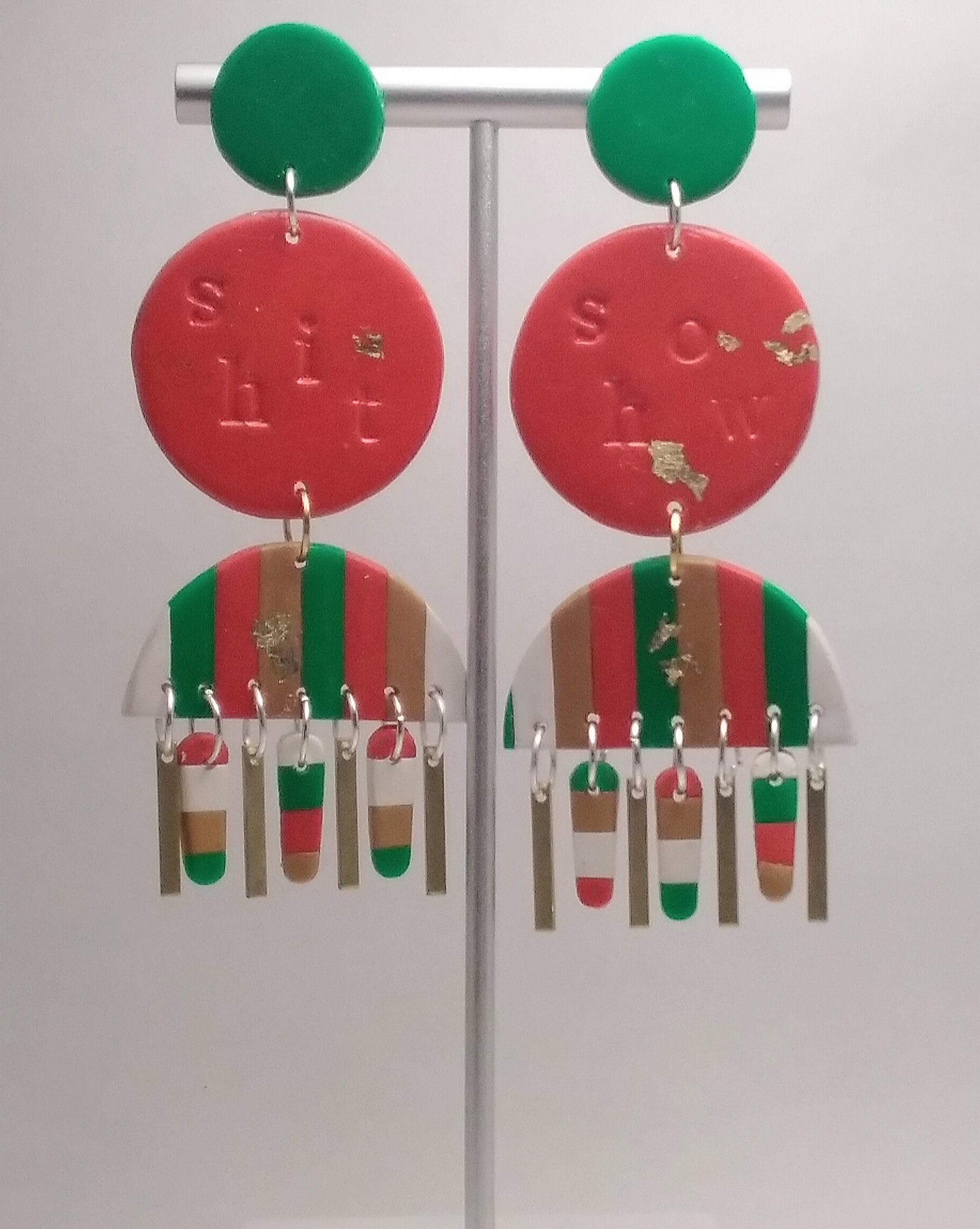My tacky holiday earrings I just finished up, meant to look shabby. Polymer clay and brass
