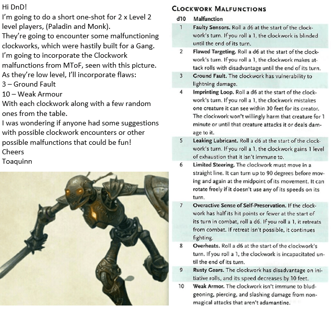 Ideas for low level clockwork encounters [OC] r/DnD