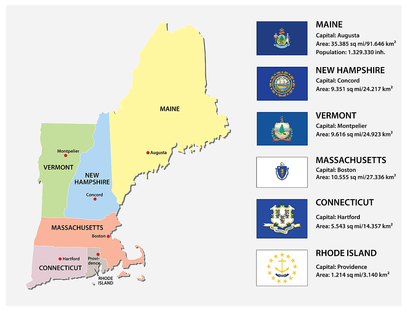 The flags of New England, pictured with a political map of the region