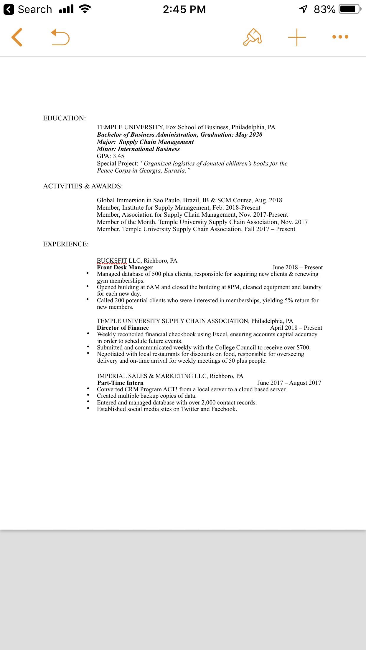 Hi Everyone. I am seeking some resume advice! I am looking for a Supply