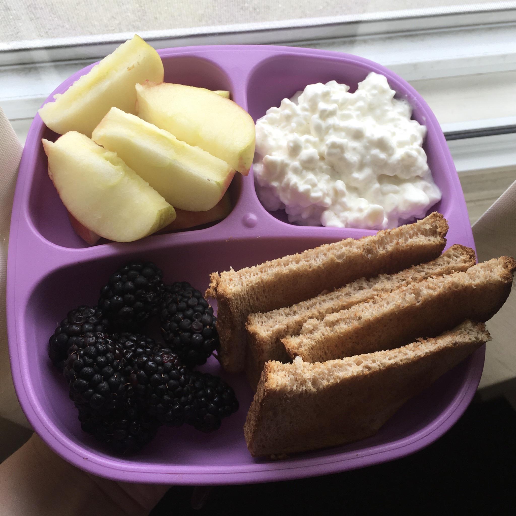 Cottage cheese on plain toast and fruit. 273 cal. r/safe_food