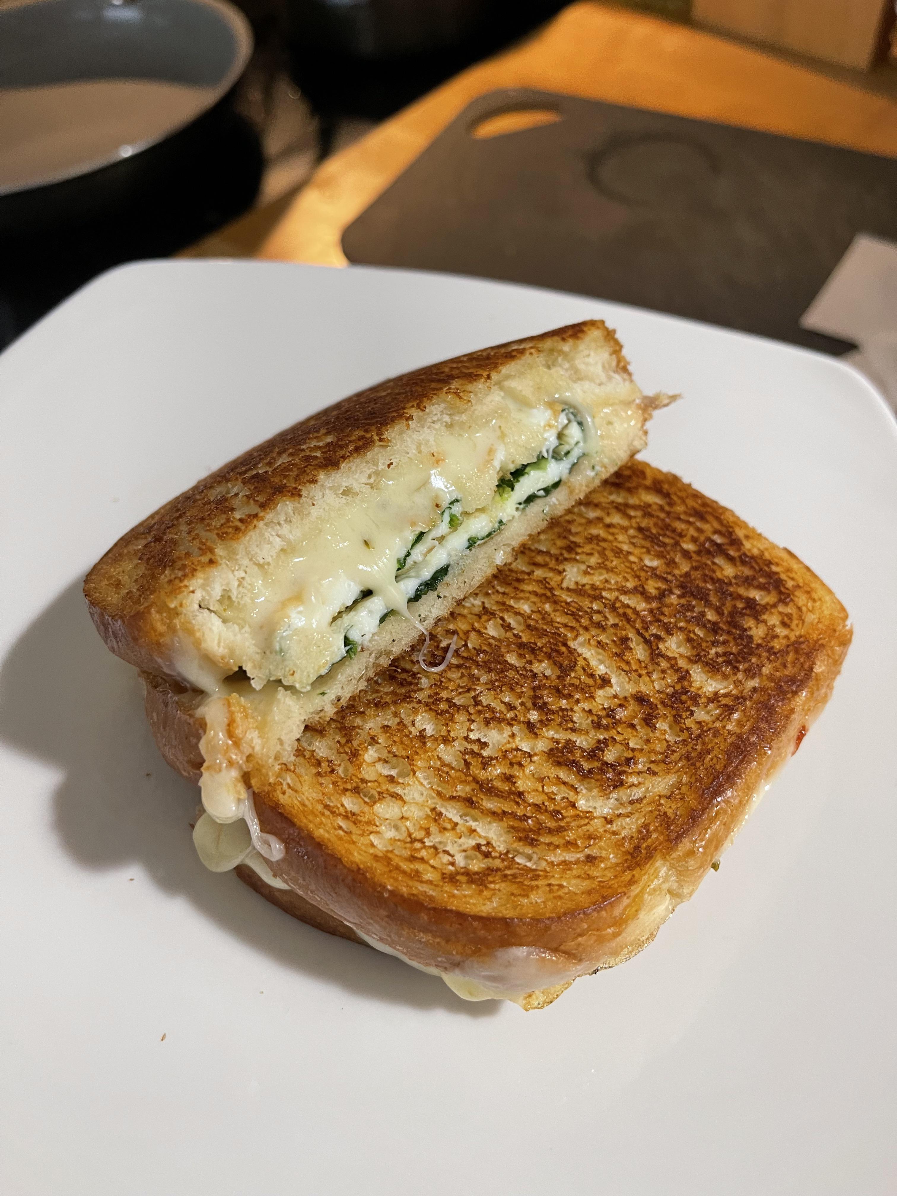 Pepper Jack grilled cheese with egg whites and spinach on sourdough r/FoodPorn