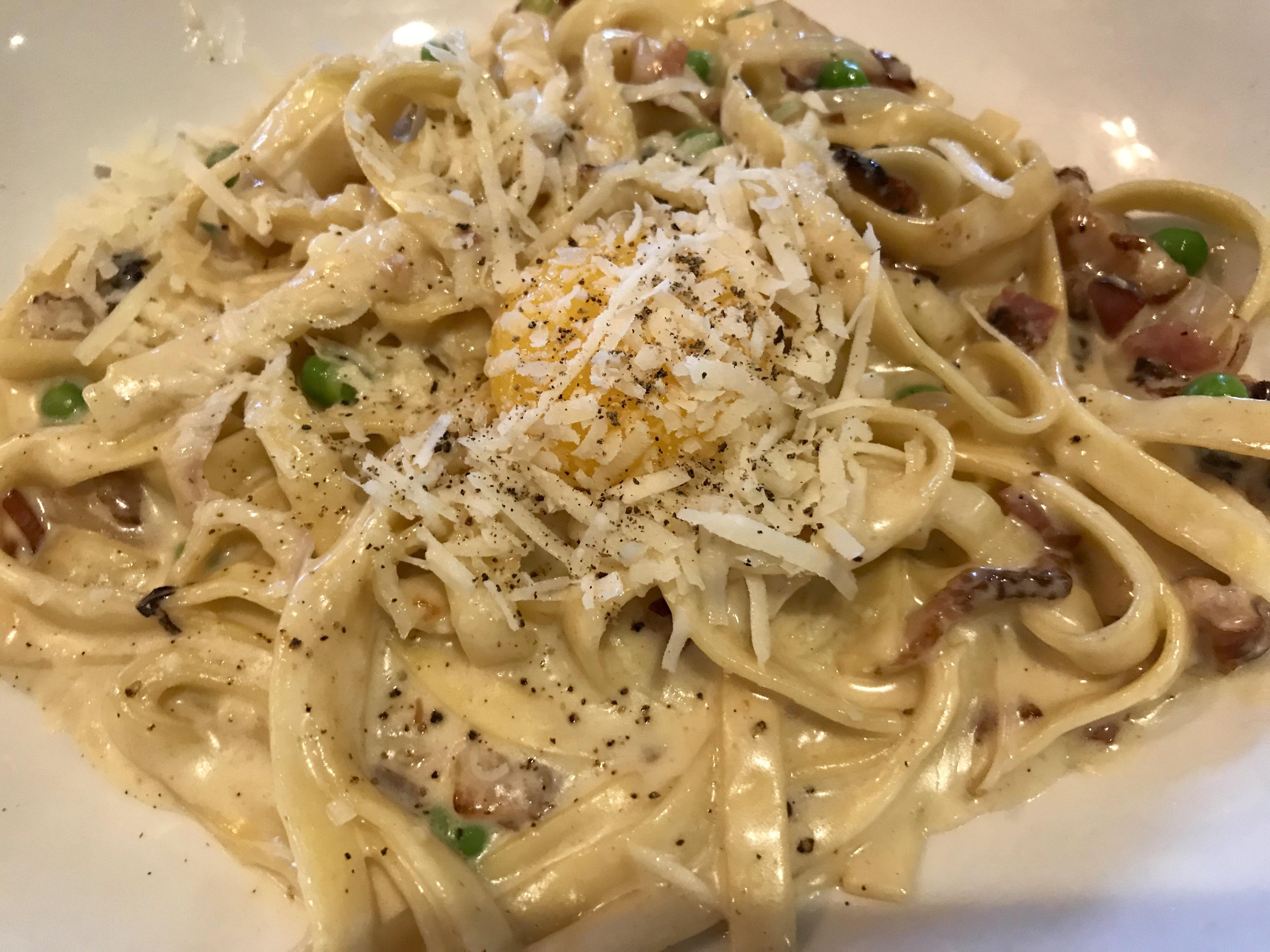 [I ate] tagliatelle with romano, parmesan, pancetta, peas and egg yolk