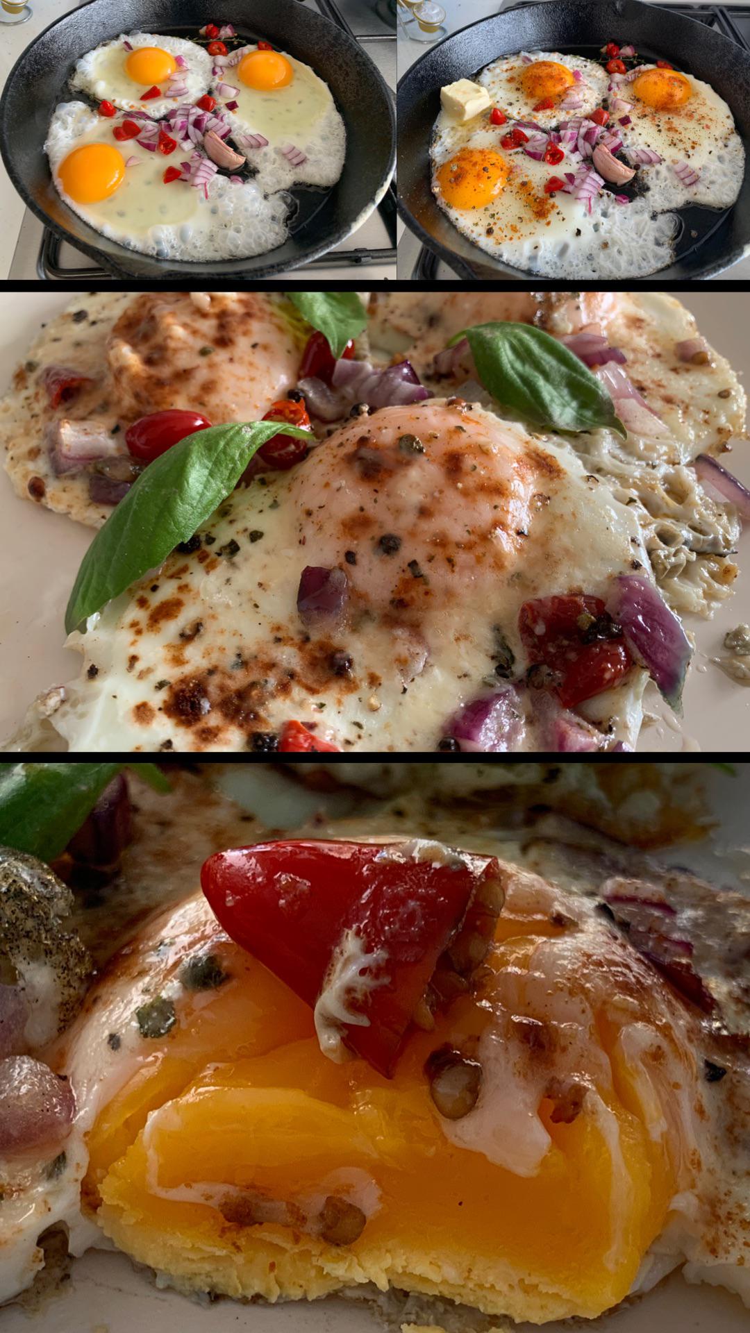 Slow cooked eggs under cast iron lid. Onions, garlic, scotch