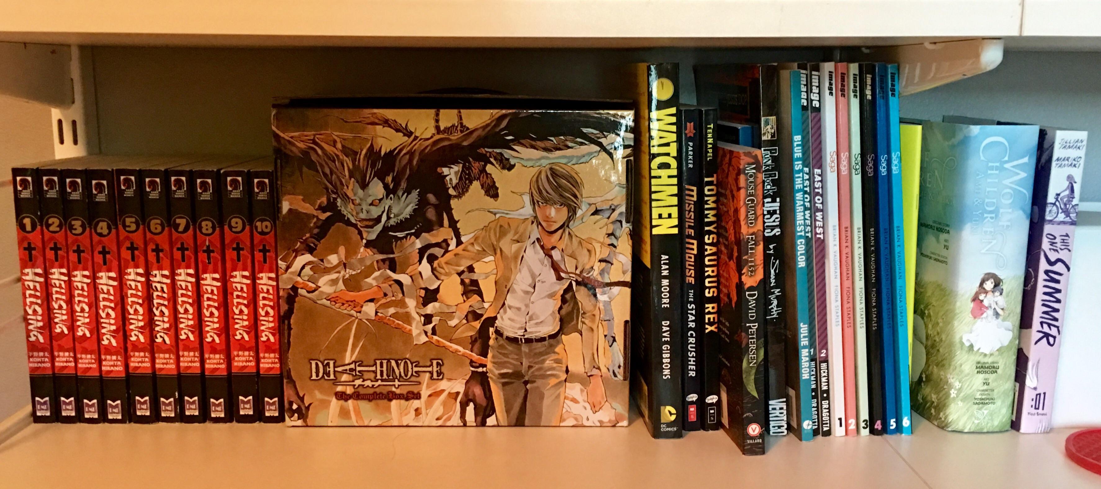 My shelf of graphic novels/manga. Of course, Saga. Any suggestions? I do not care for superhero