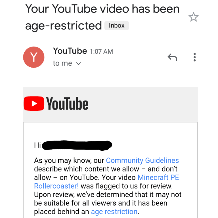 Youtube age restricted my video depicting a minecraft pocket edition