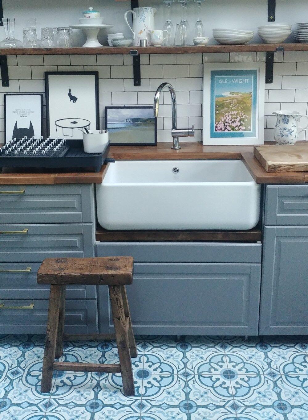 Ikea Bodbyn kitchen grey with white metro tiles, butler Belfast sink