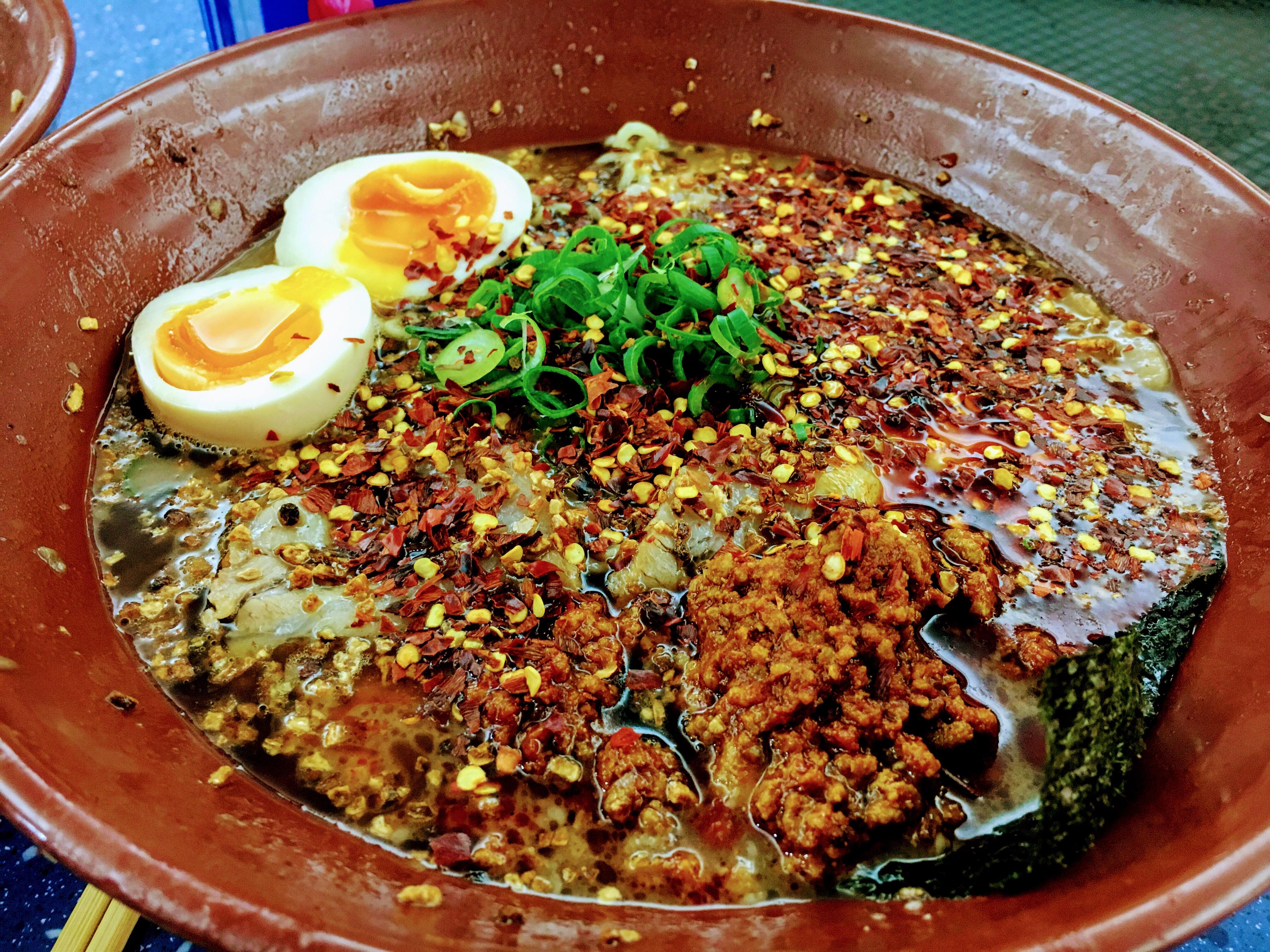 Black garlic tonkotsu with chili bomb and extra chili Gumshara Sydney