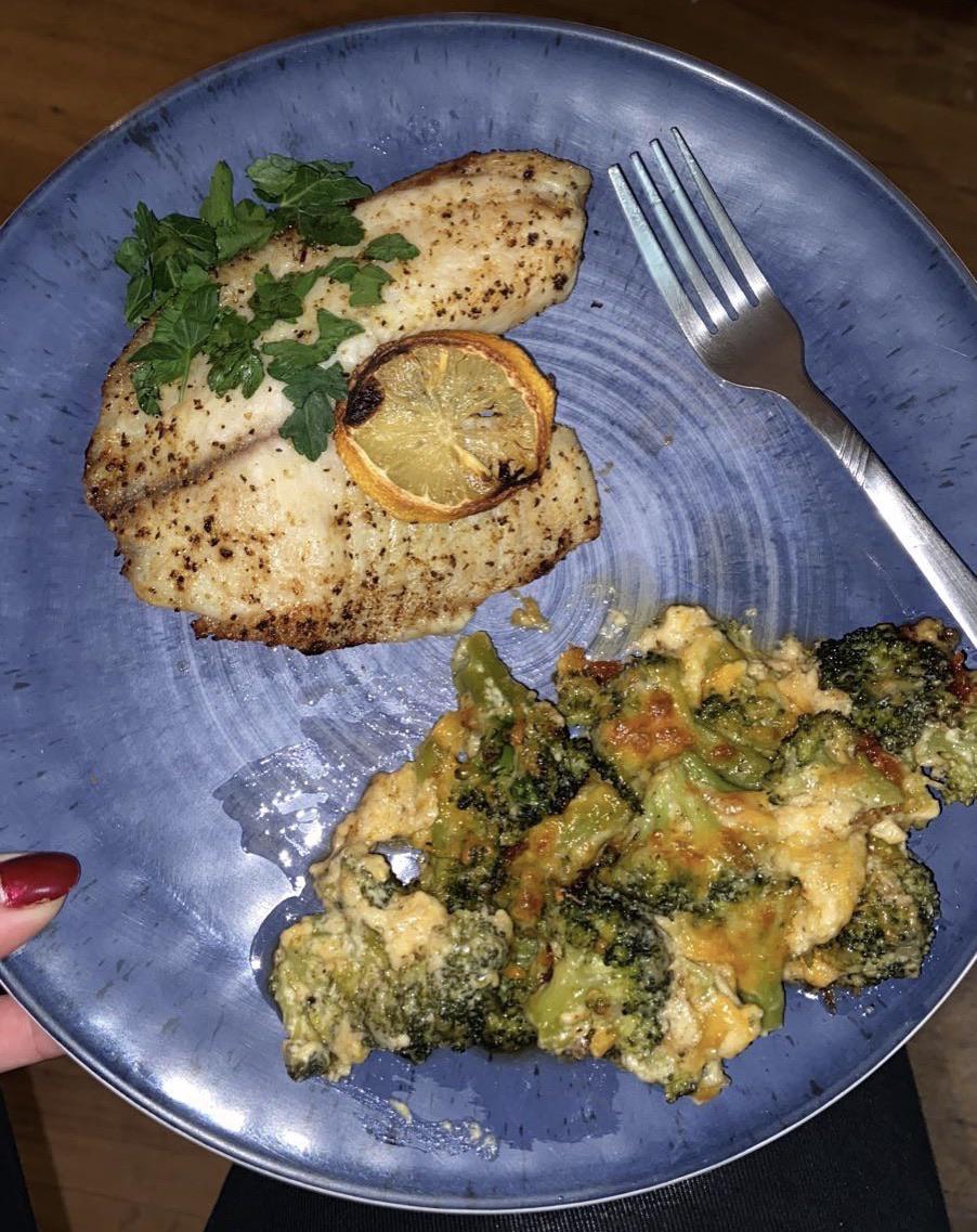 Air fried tilapia with a lemon pepper garlic seasoning, topped with