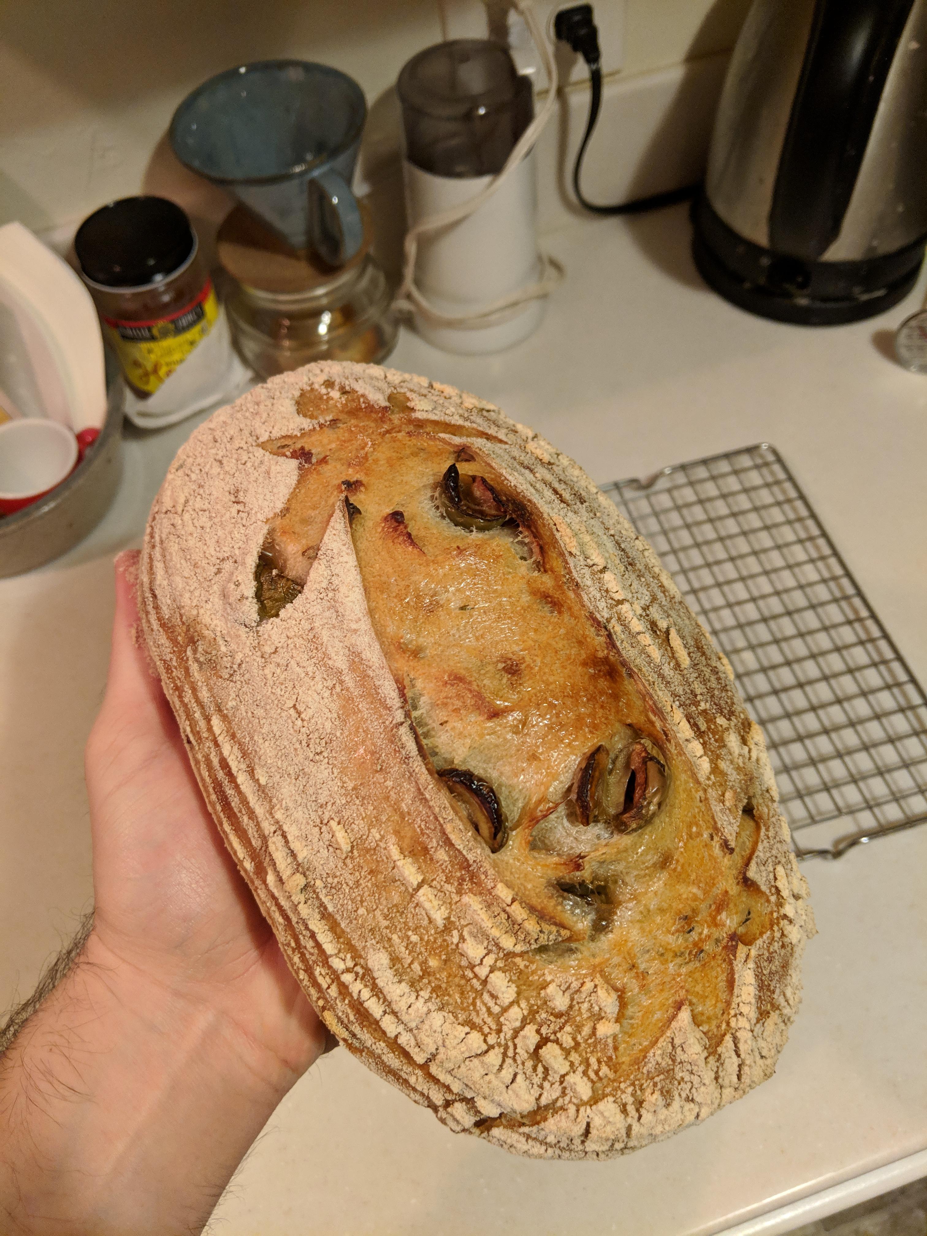 Olive loaf! Recipe from Tartine. Heven't cut it open yet but im pleased