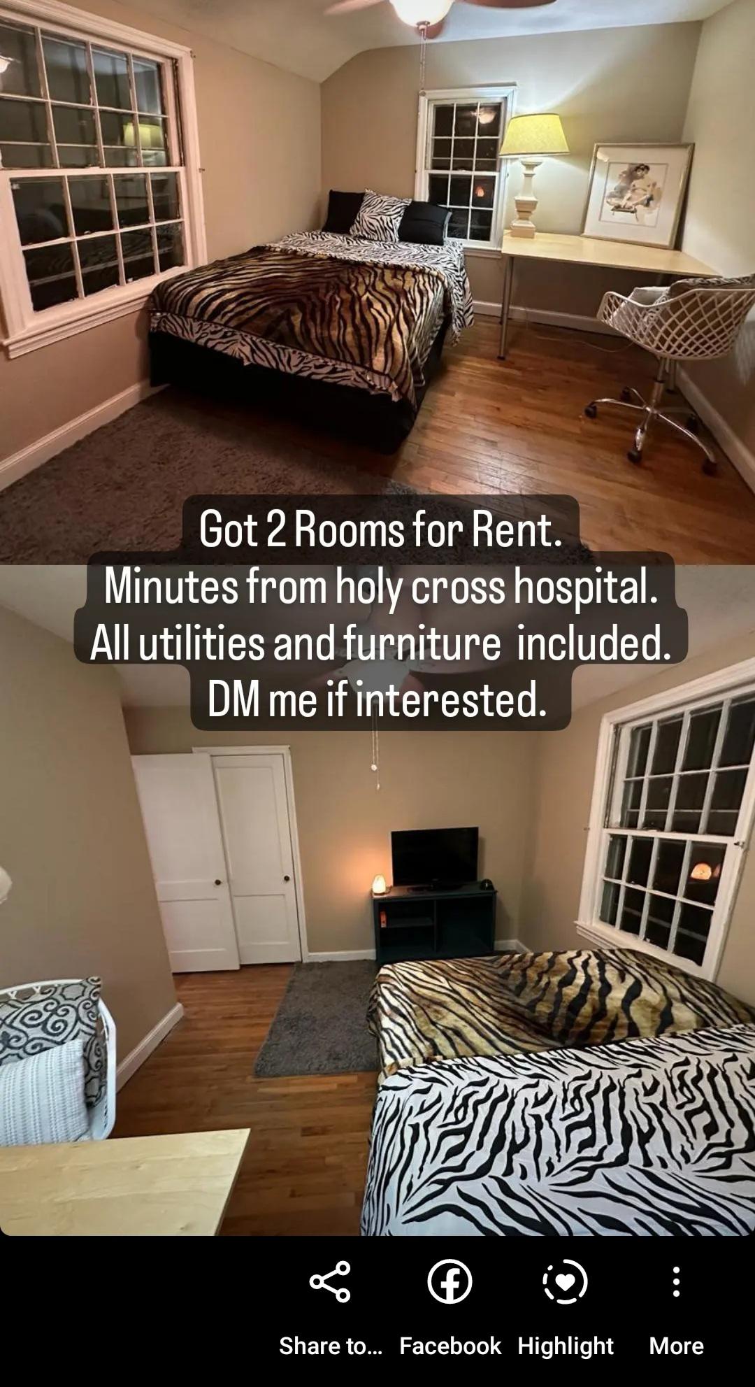 1 bedroom in house for rent. All Utilities and furniture included. Walking distance to holy