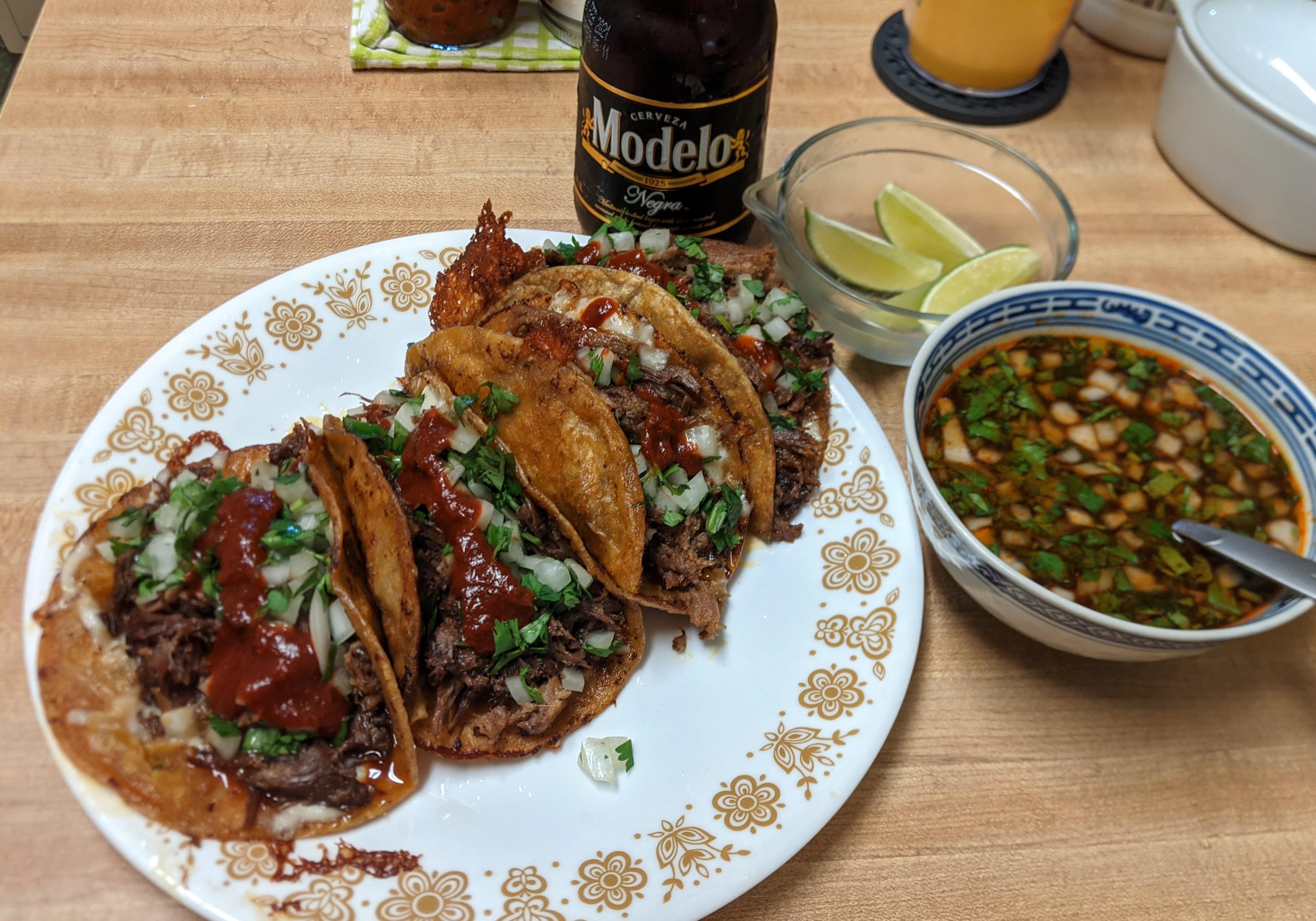 Barbacoa quesatacos con consomme, quesabirria style r/tacos