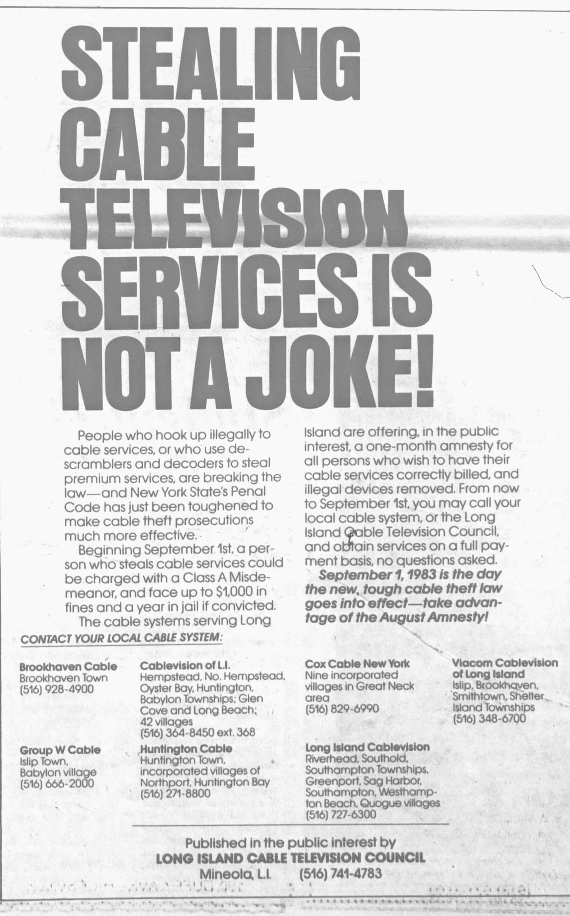 Stealing Cable Television Services Is Not A Joke! (August 18, 1983) r